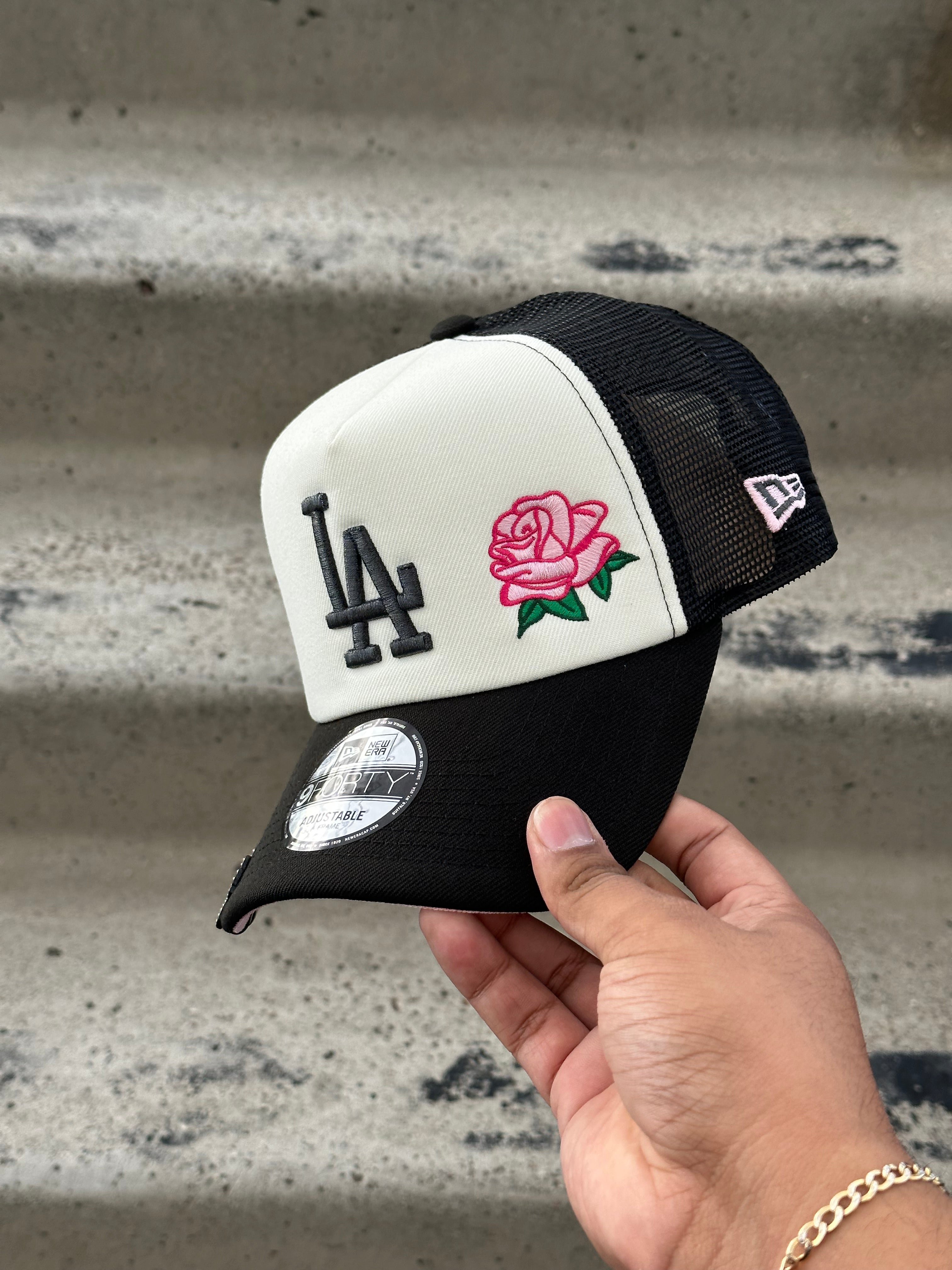 NEW ERA EXCLUSIVE 9FORTY A-FRAME WHITE/BLACK LOS ANGELES DODGERS W/ PINK ROSE + 100TH ANNIVERSARY SIDE PATCH