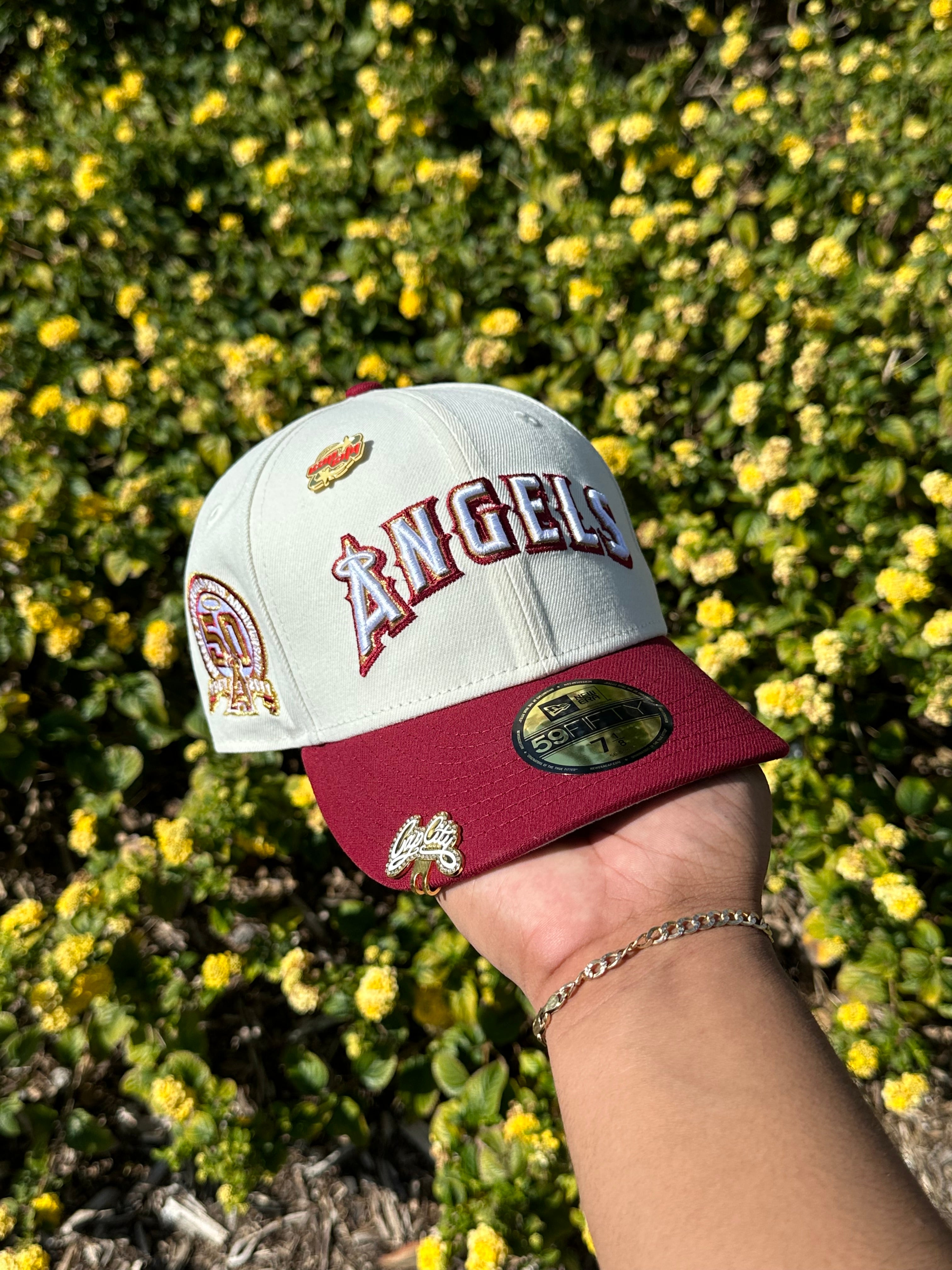 NEW ERA EXCLUSIVE 59FIFTY CHROME WHITE/MAROON RED ANAHEIM ANGELS W/ 50TH ANNIVERSARY SIDE PATCH