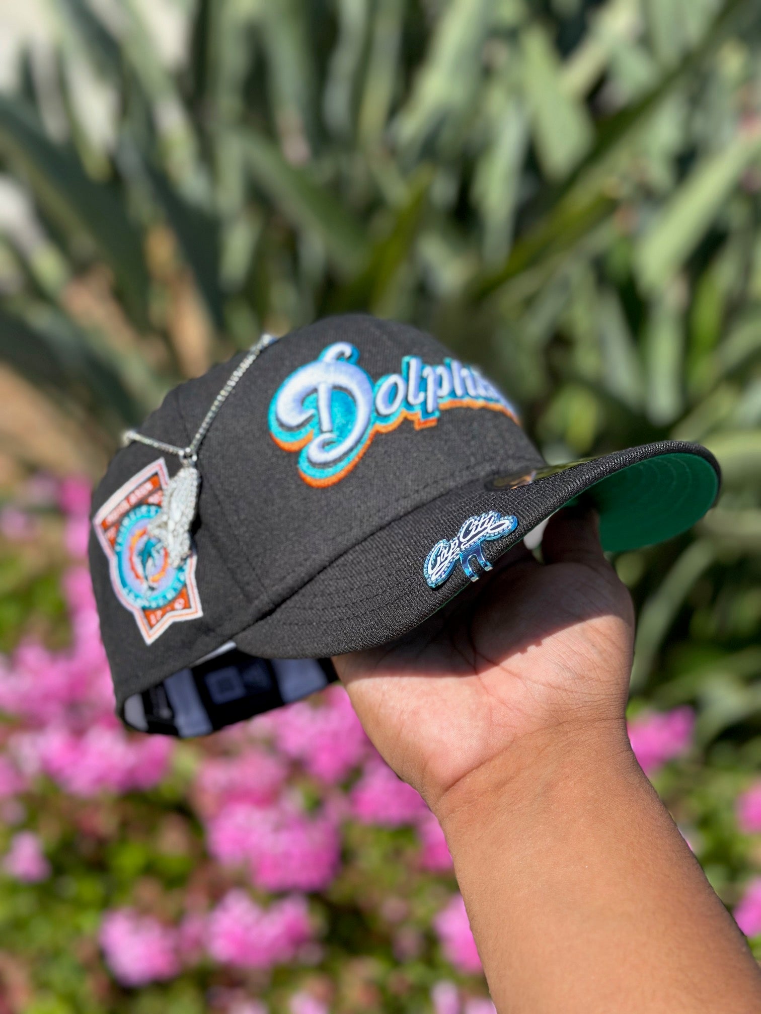 NEW ERA EXCLUSIVE 59FIFTY BLACK MIAMI DOLPHINS SCRIPT W/ 30TH ANNIVERSARY SIDE PATCH