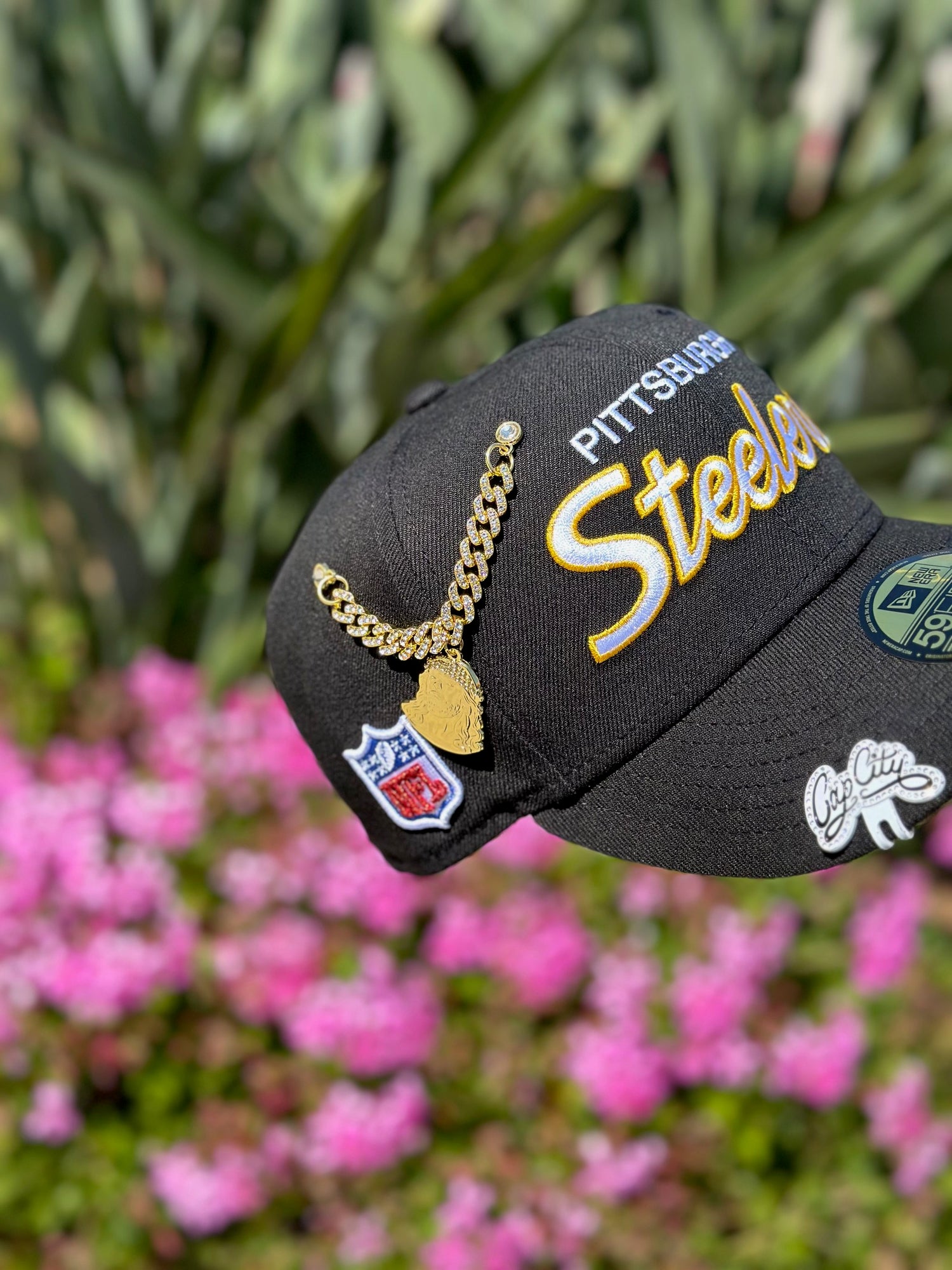 NEW ERA EXCLUSIVE 59FIFTY BLACK PITTSBURGH STEELERS SCRIPT W/ NFL LOGO SIDE PATCH