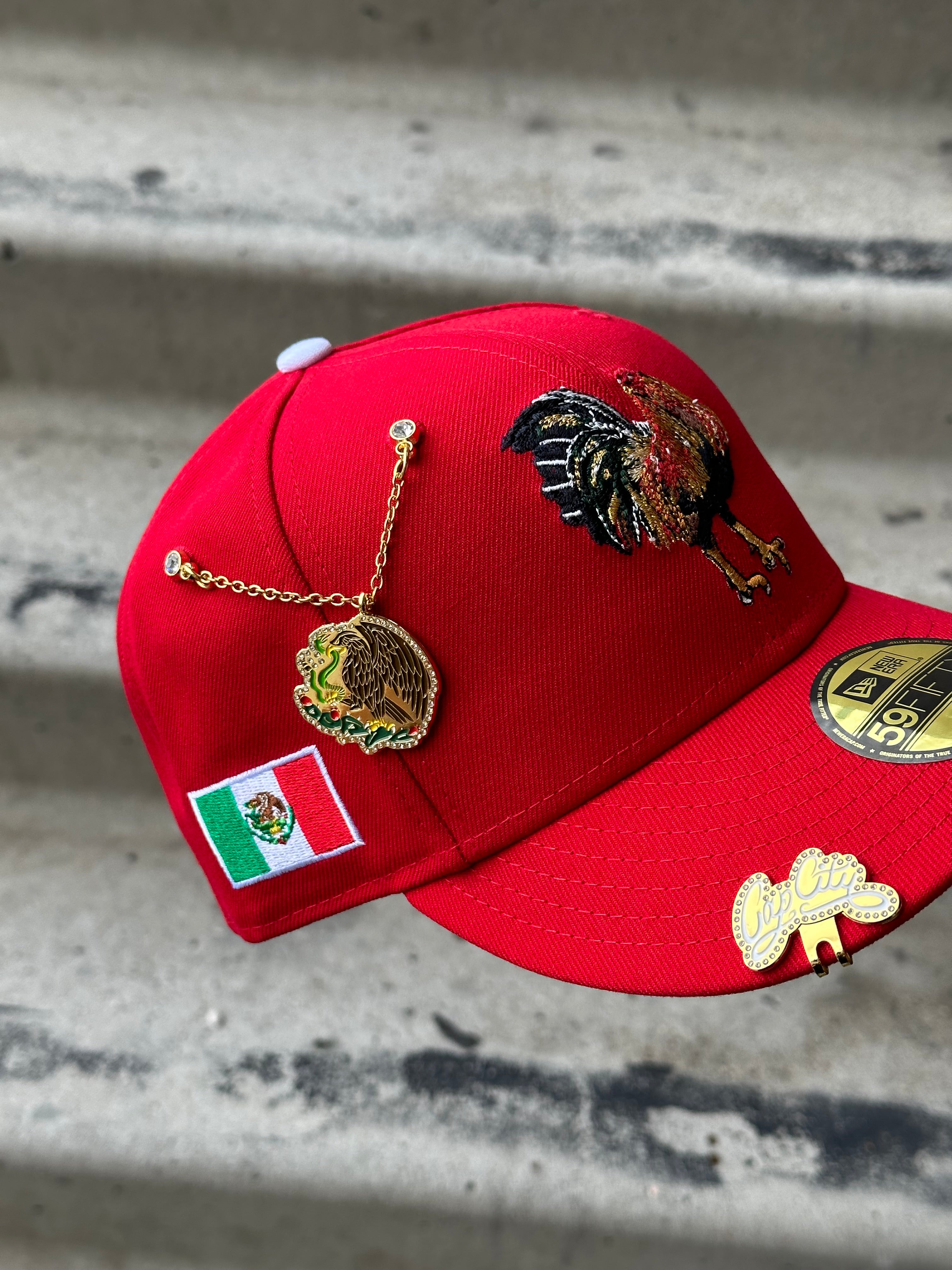 NEW ERA EXCLUSIVE 59FIFTY RED MEXICO "EL GALLO" W/ MEXICO FLAG PATCH