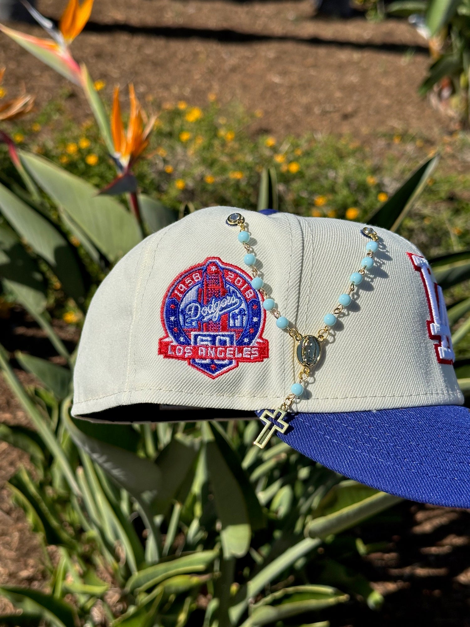 NEW ERA EXCLUSIVE 59FIFTY CHROME WHITE/BLUE LOS ANGELES DODGERS W/ 60TH ANNIVERSARY SIDE PATCH
