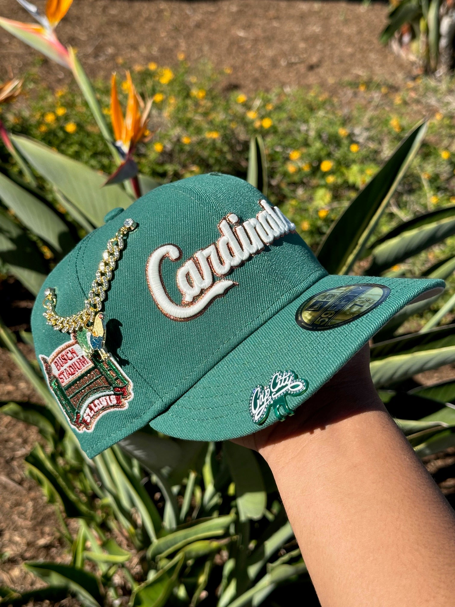 NEW ERA EXCLUSIVE 59FIFTY PINE GREEN ST LOUIS CARDINALS SCRIPT W/ BUSCH STADIUM SIDE PATCH