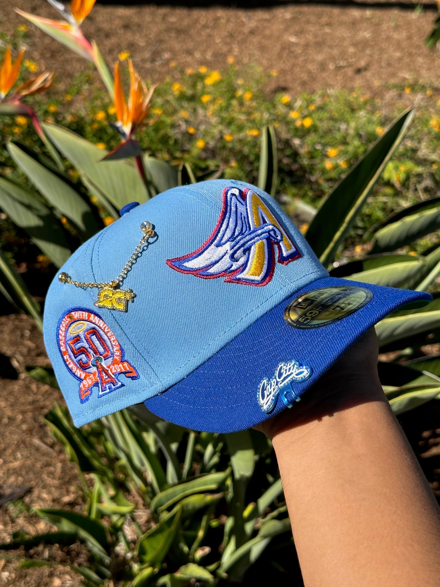 NEW ERA 59FIFTY SKY BLUE ANAHEIM ANGELS W/ 50TH ANNIVERSARY SIDE PATCH