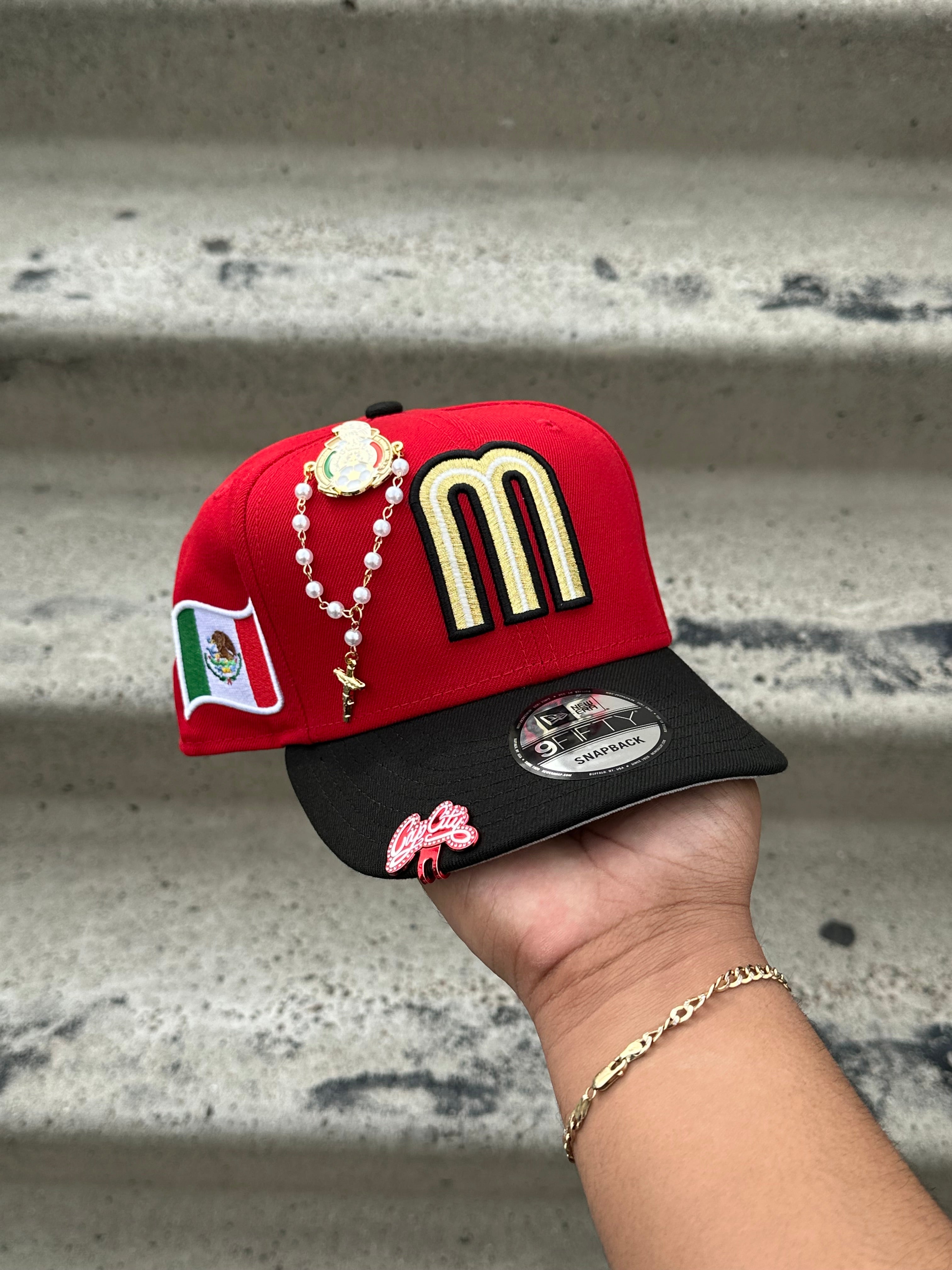 NEW ERA EXCLUSIVE 9FIFTY RED/BLACK MEXICO SNAPBACK W/ MEXICO FLAG SIDE PATCH