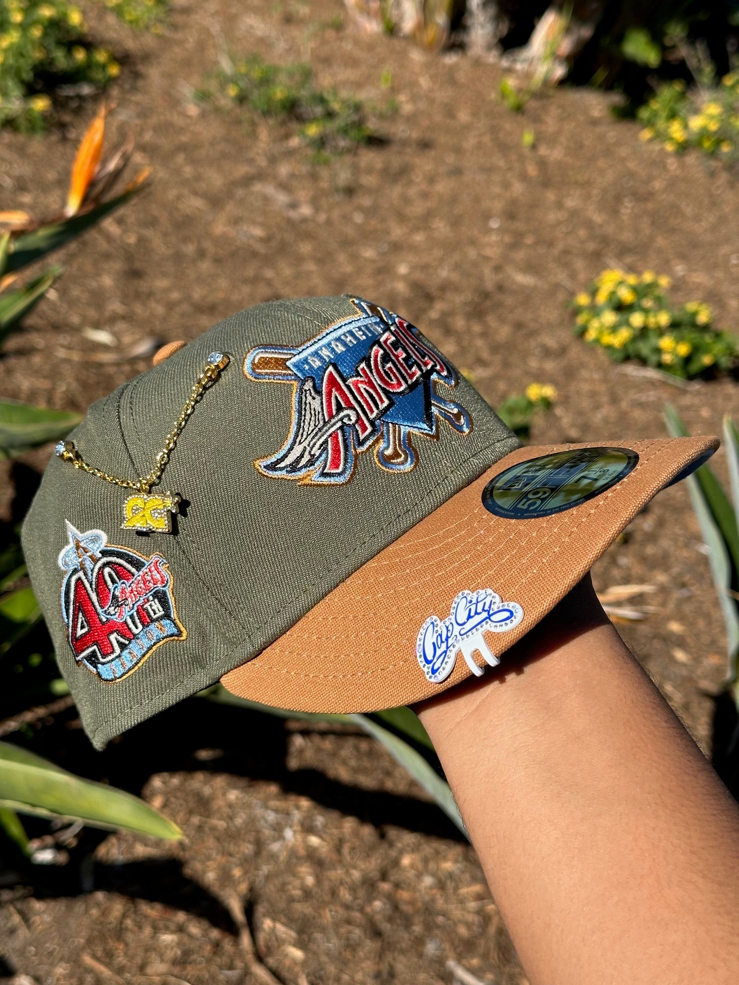 NEW ERA 59FIFTY OLIVE/KHAKI ANAHEIM ANGELS W/ 40TH ANNIVERSARY SIDE PATCH