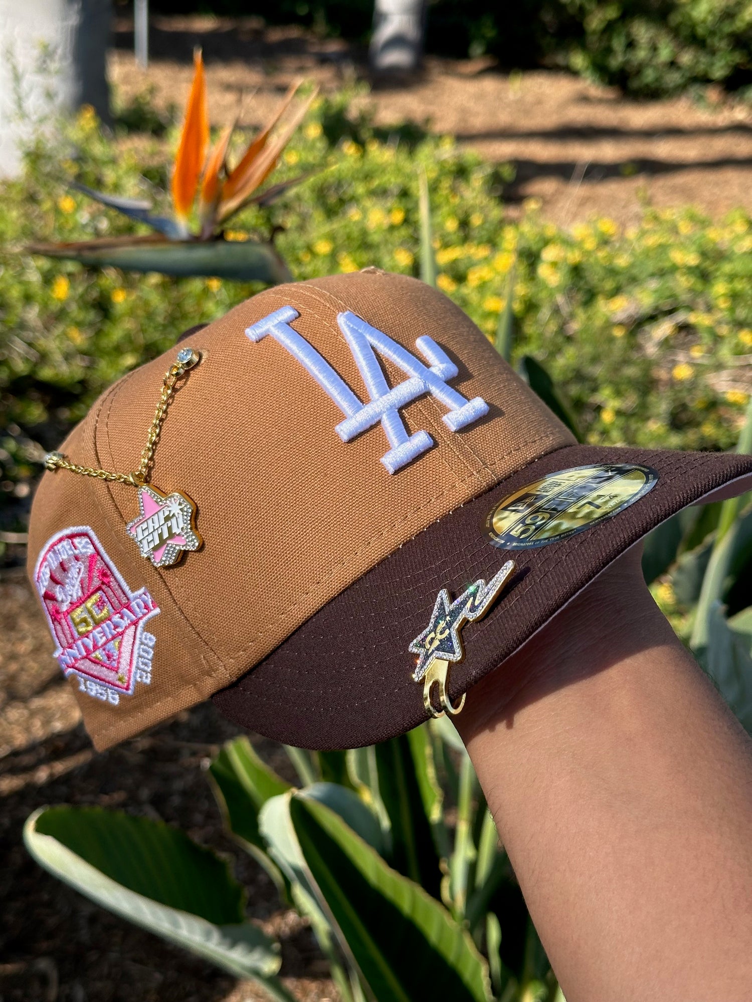 NEW ERA EXCLUSIVE 59FIFTY TAN/WALNUT LOS ANGELES DODGERS W/ 50TH ANNIVERSARY SIDE PATCH