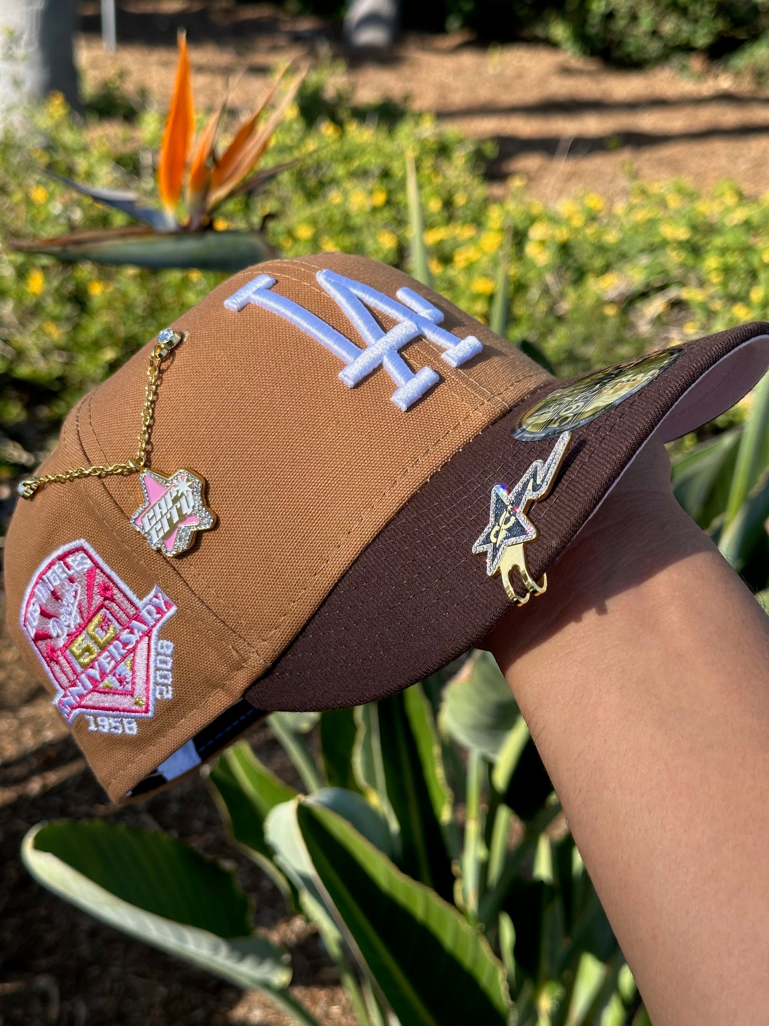 NEW ERA EXCLUSIVE 59FIFTY TAN/WALNUT LOS ANGELES DODGERS W/ 50TH ANNIVERSARY SIDE PATCH