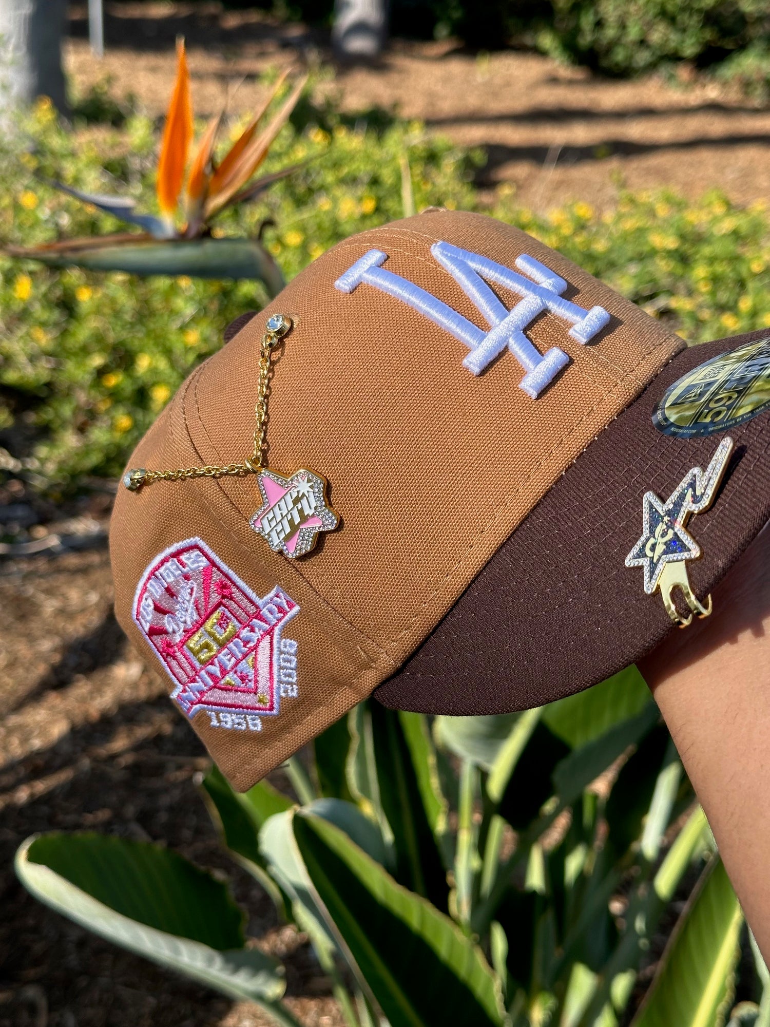 NEW ERA EXCLUSIVE 59FIFTY TAN/WALNUT LOS ANGELES DODGERS W/ 50TH ANNIVERSARY SIDE PATCH
