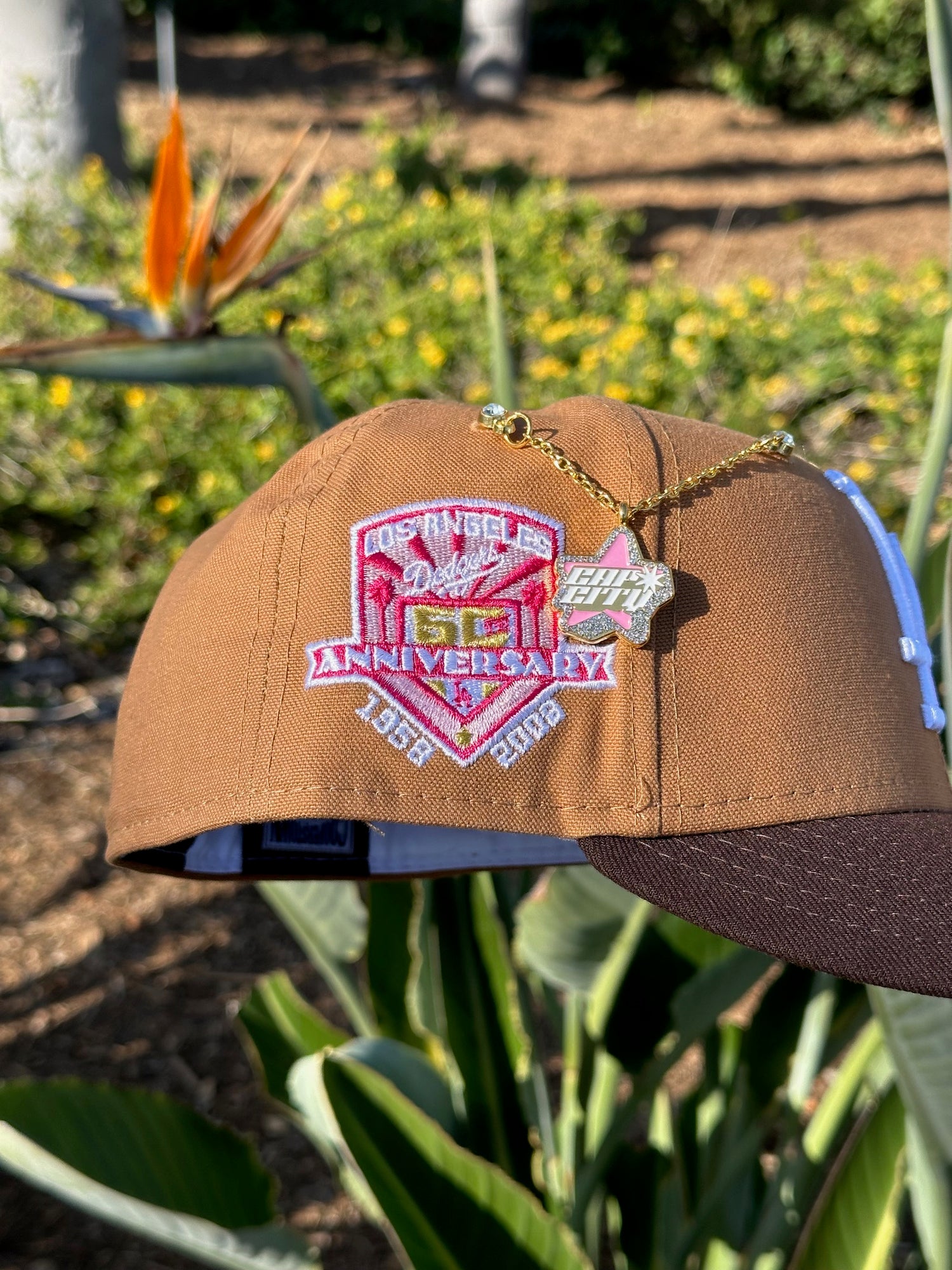 NEW ERA EXCLUSIVE 59FIFTY TAN/WALNUT LOS ANGELES DODGERS W/ 50TH ANNIVERSARY SIDE PATCH