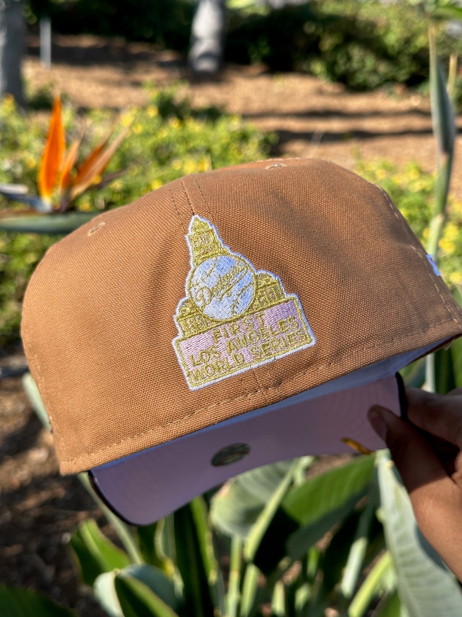 NEW ERA EXCLUSIVE 59FIFTY TAN/WALNUT LOS ANGELES DODGERS W/ 50TH ANNIVERSARY SIDE PATCH