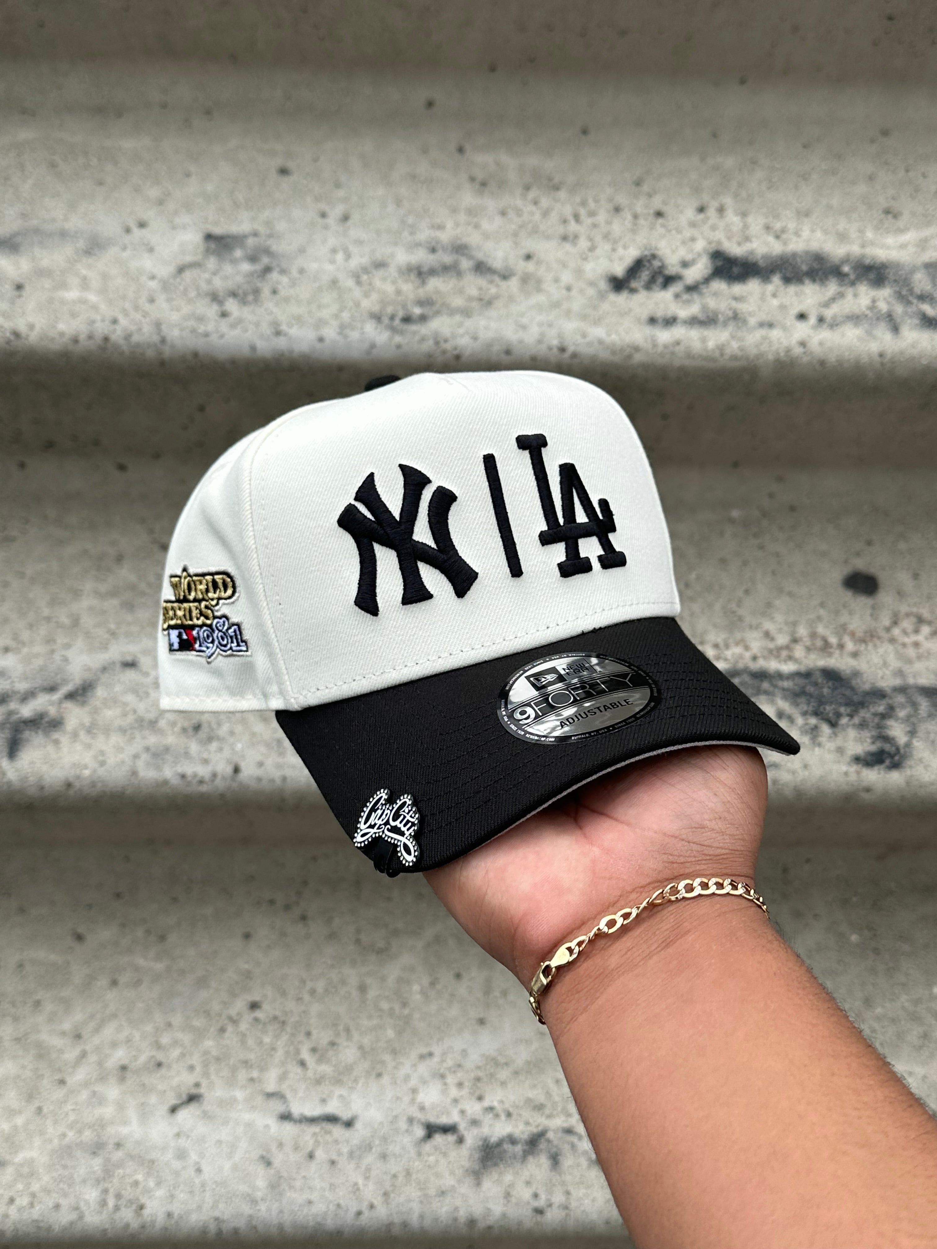 NEW ERA EXCLUSIVE 9FORTY A-FRAME CHROME WHITE/BLACK LOS ANGELES DODGERS X NEW YORK YANKEES W/ 1981 WORLD SERIES SIDE PATCH