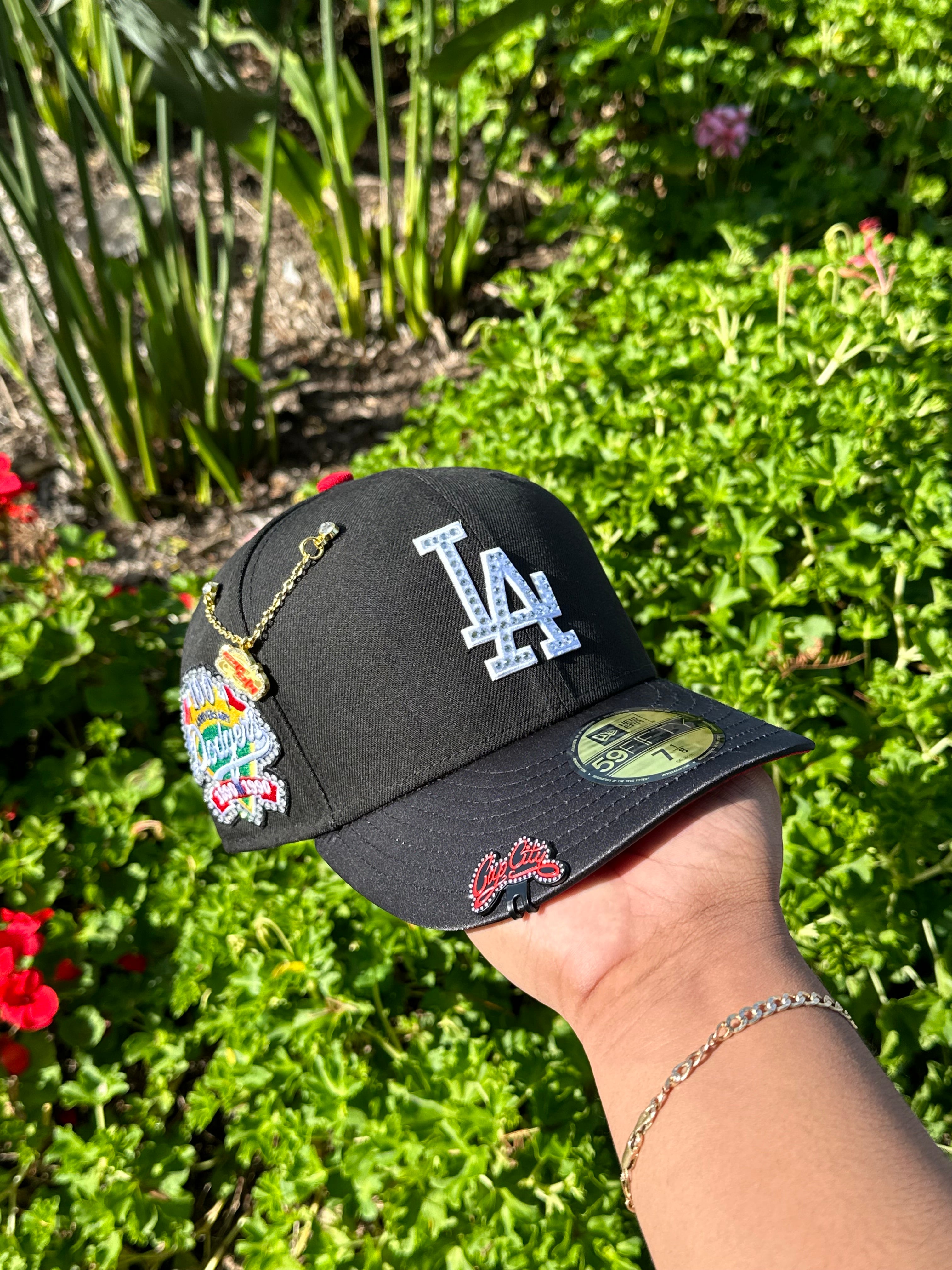 NEW ERA EXCLUSIVE 59FIFTY BLACK/SATIN LOS ANGELES DODGERS W/ 100TH ANNIVERSARY SIDEPATCH