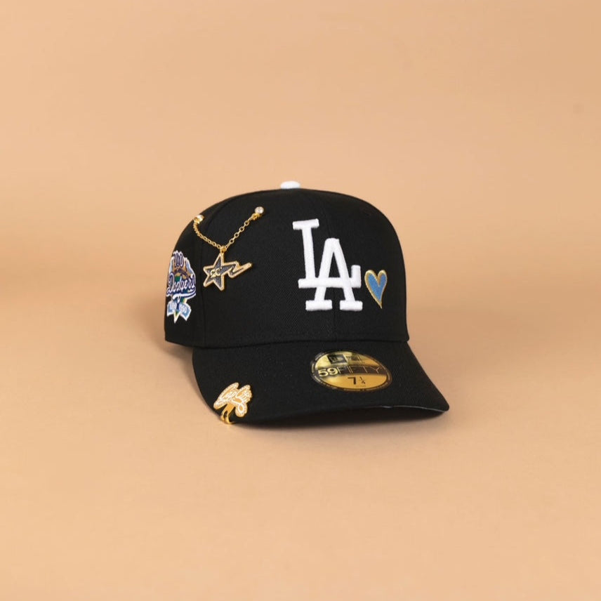NEW ERA EXCLUSIVE 59FIFTY BLACK LOS ANGELES DODGERS W/ ICY HEART + 100TH ANNIVERSARY SIDE PATCH