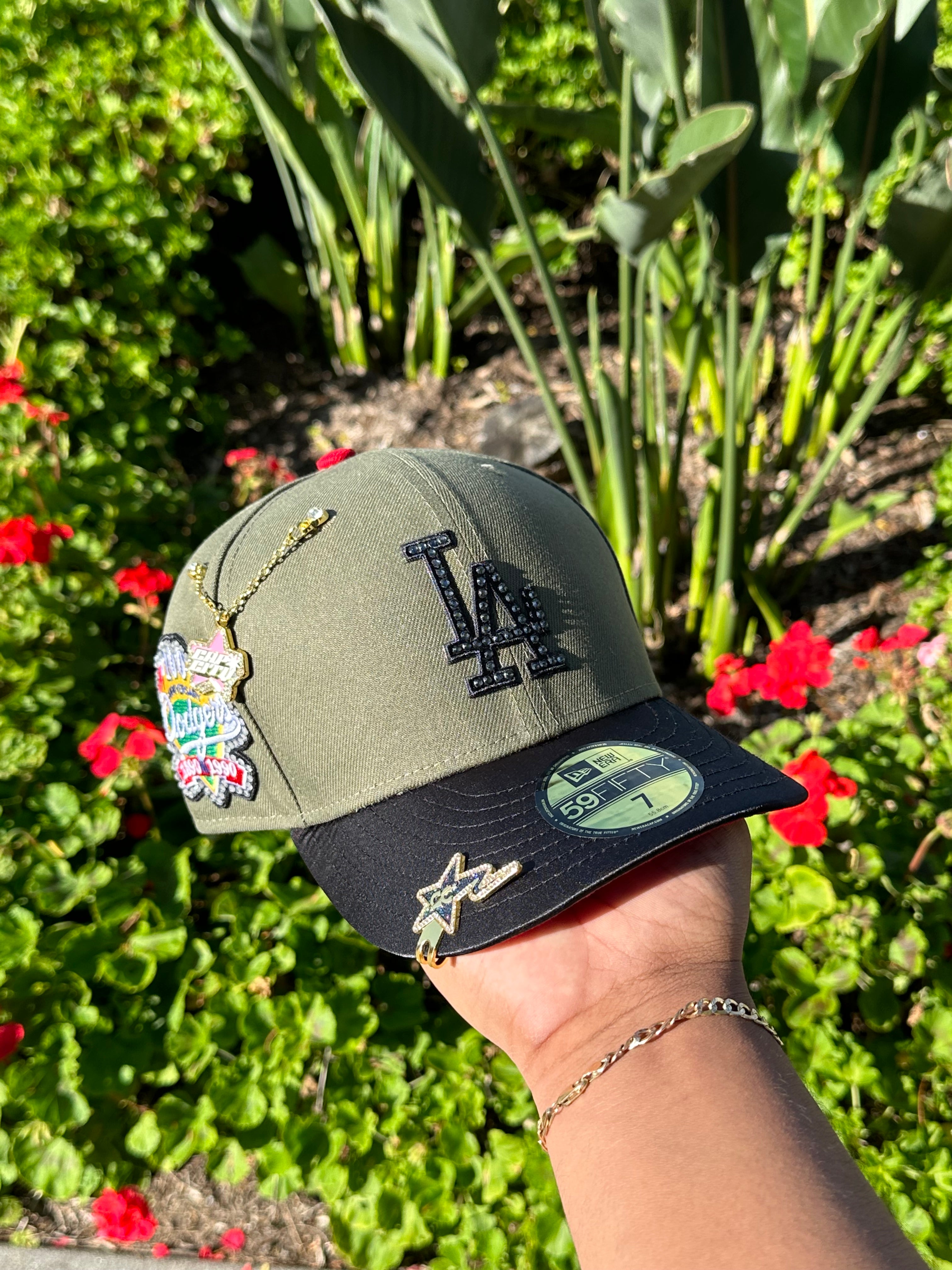 NEW ERA EXCLUSIVE 59FIFTY OLIVE/SATIN LOS ANGELES DODGERS W/ 100TH ANNIVERSARY SIDEPATCH