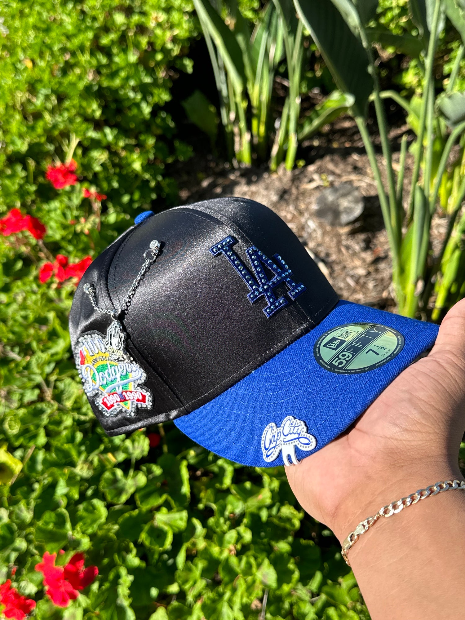 NEW ERA EXCLUSIVE 59FIFTY SATIN/BLUE LOS ANGELES DODGERS W/ 100TH ANNIVERSARY SIDEPATCH