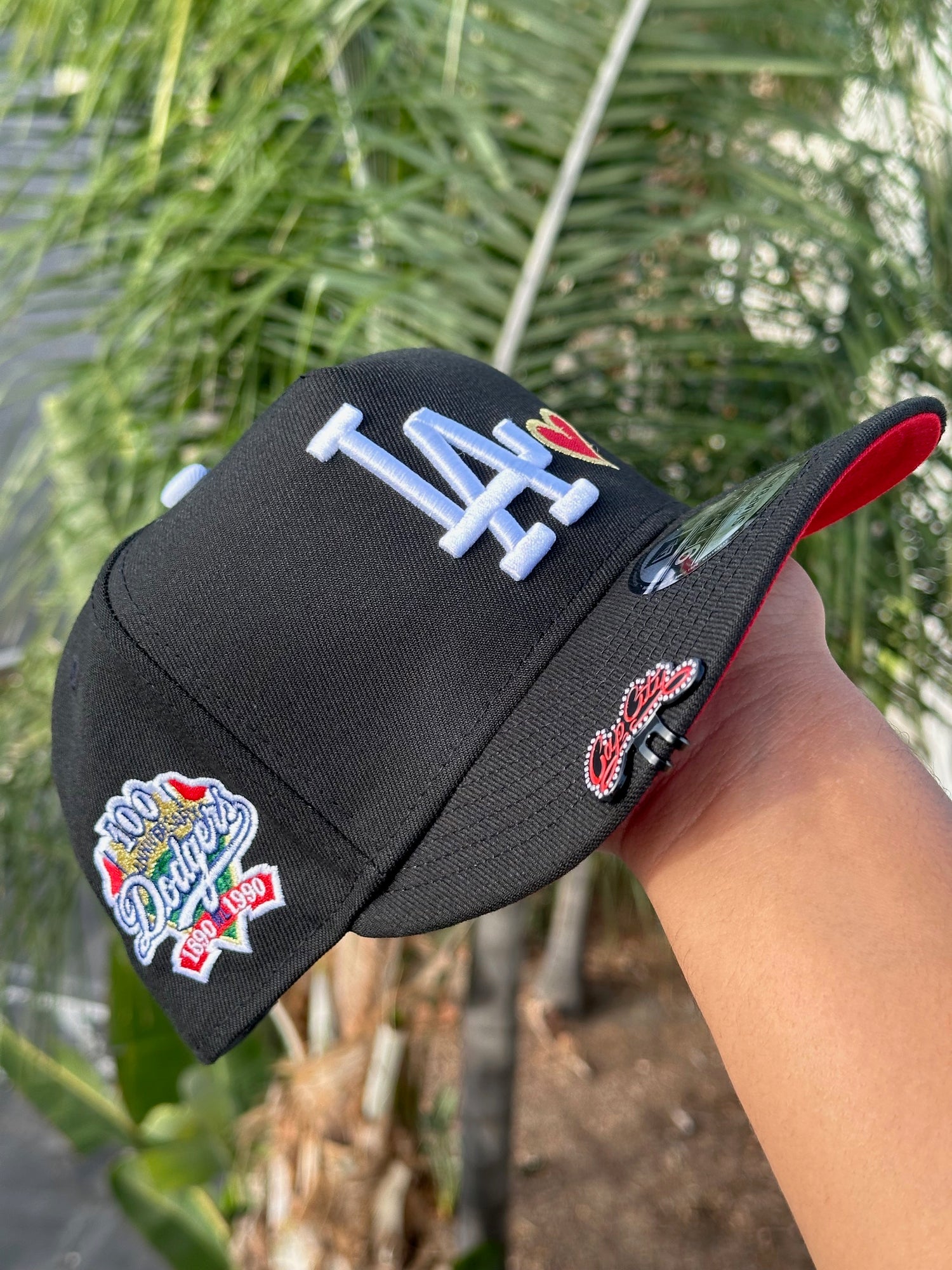 NEW ERA EXCLUSIVE 9FIFTY A-FRAME BLACK LOS ANGELES DODGERS SNAPBACK W/ RED HEART + 100TH ANNNIVERSARY SIDE PATCH