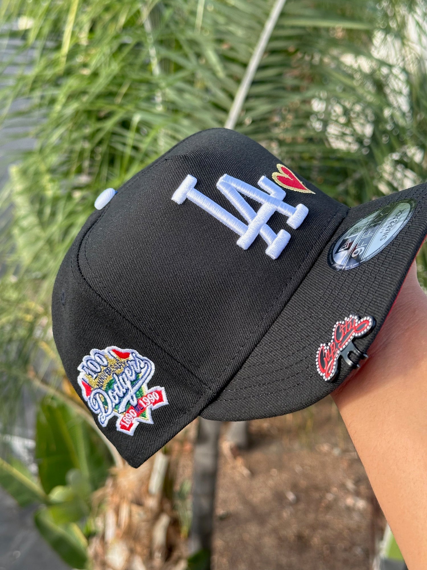 NEW ERA EXCLUSIVE 9FIFTY A-FRAME BLACK LOS ANGELES DODGERS SNAPBACK W/ RED HEART + 100TH ANNNIVERSARY SIDE PATCH