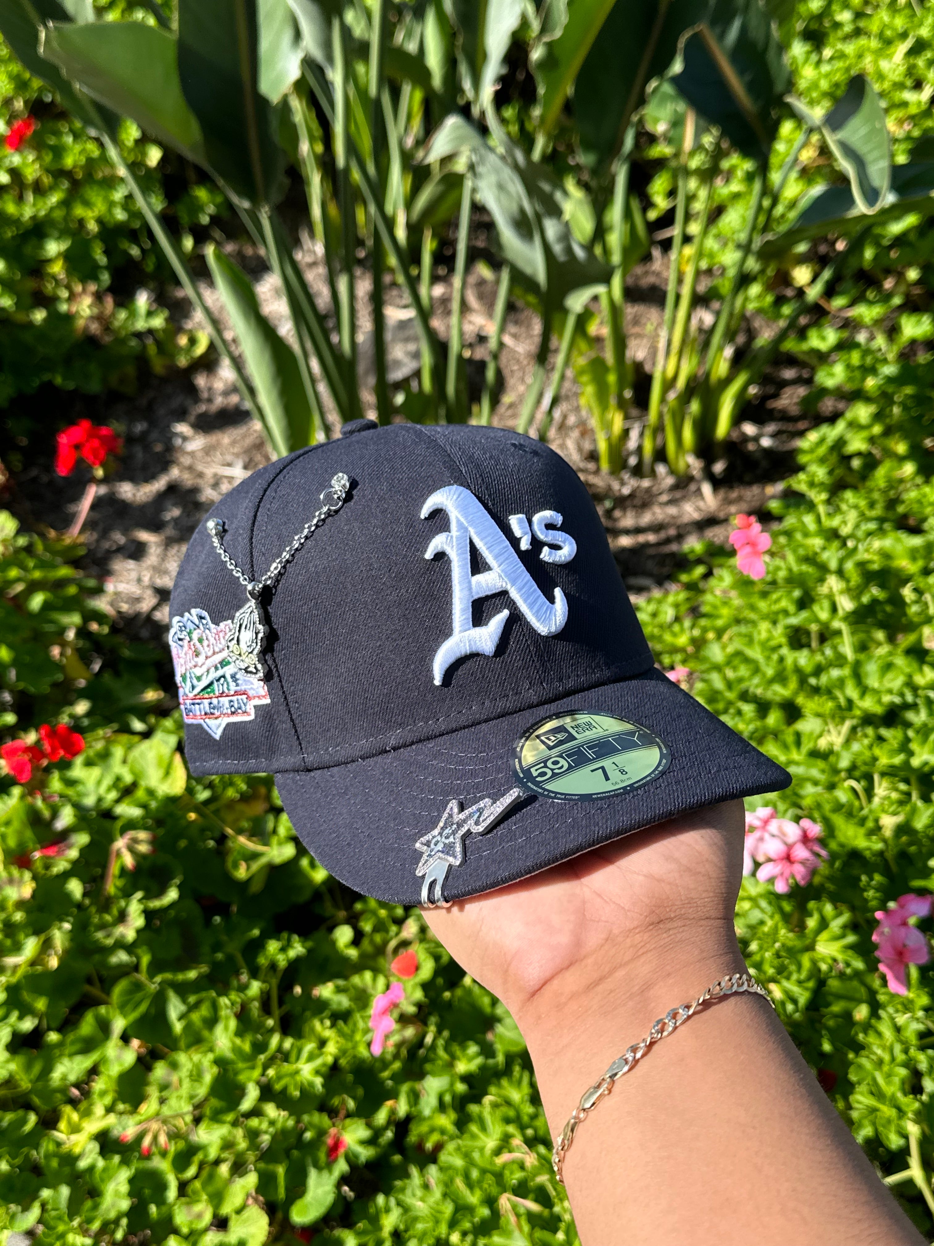 NEW ERA EXCLUSIVE 59FIFTY NAVY OAKLAND ATHLETICS W/ BATTLE OF THE BAY PATCH