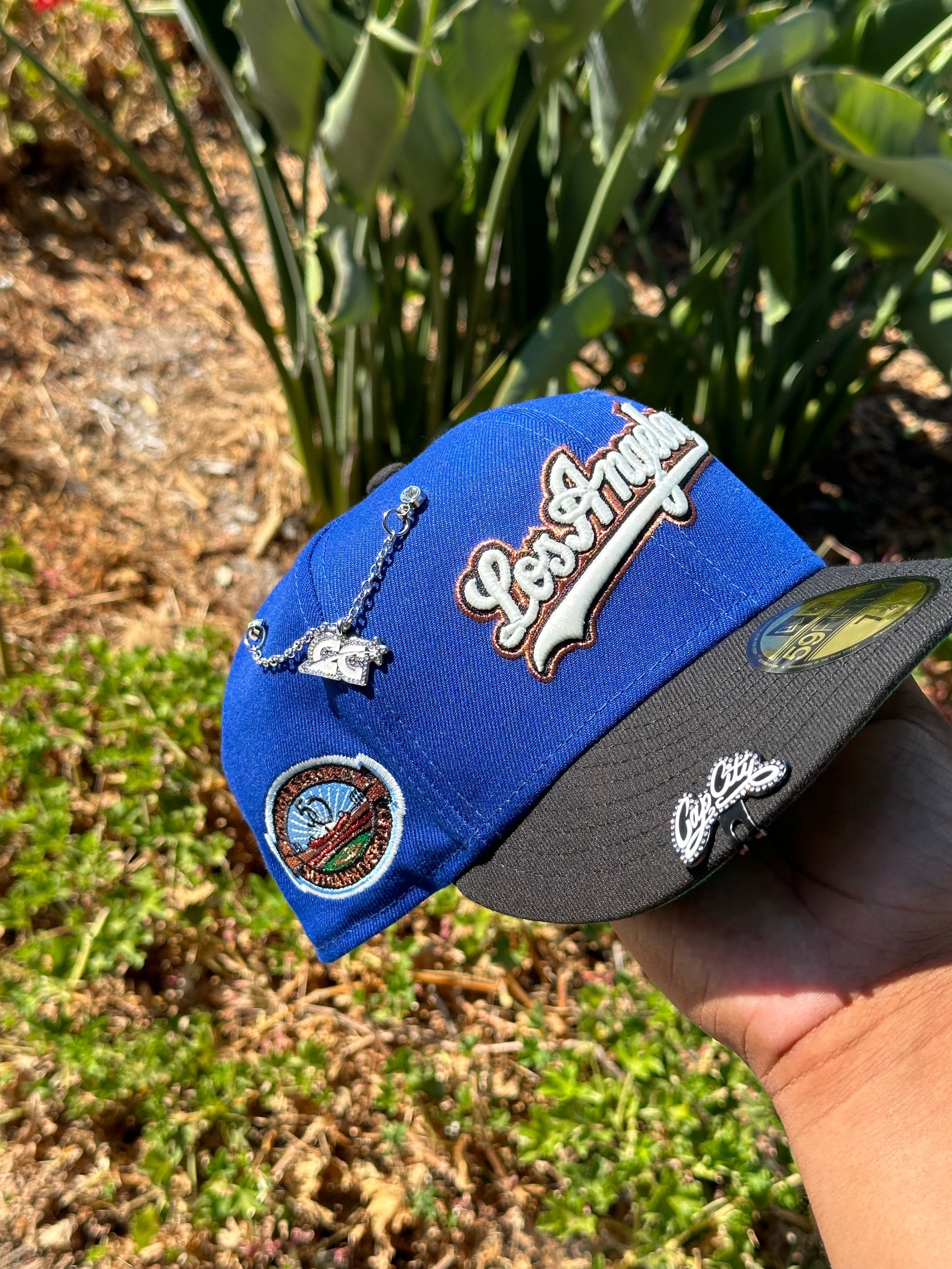 NEW ERA 59FIFTY BLUE/BLACK LOS ANGELES DODGERS SCRIPT W/ 50TH ANNIVERSARY SIDE PATCH