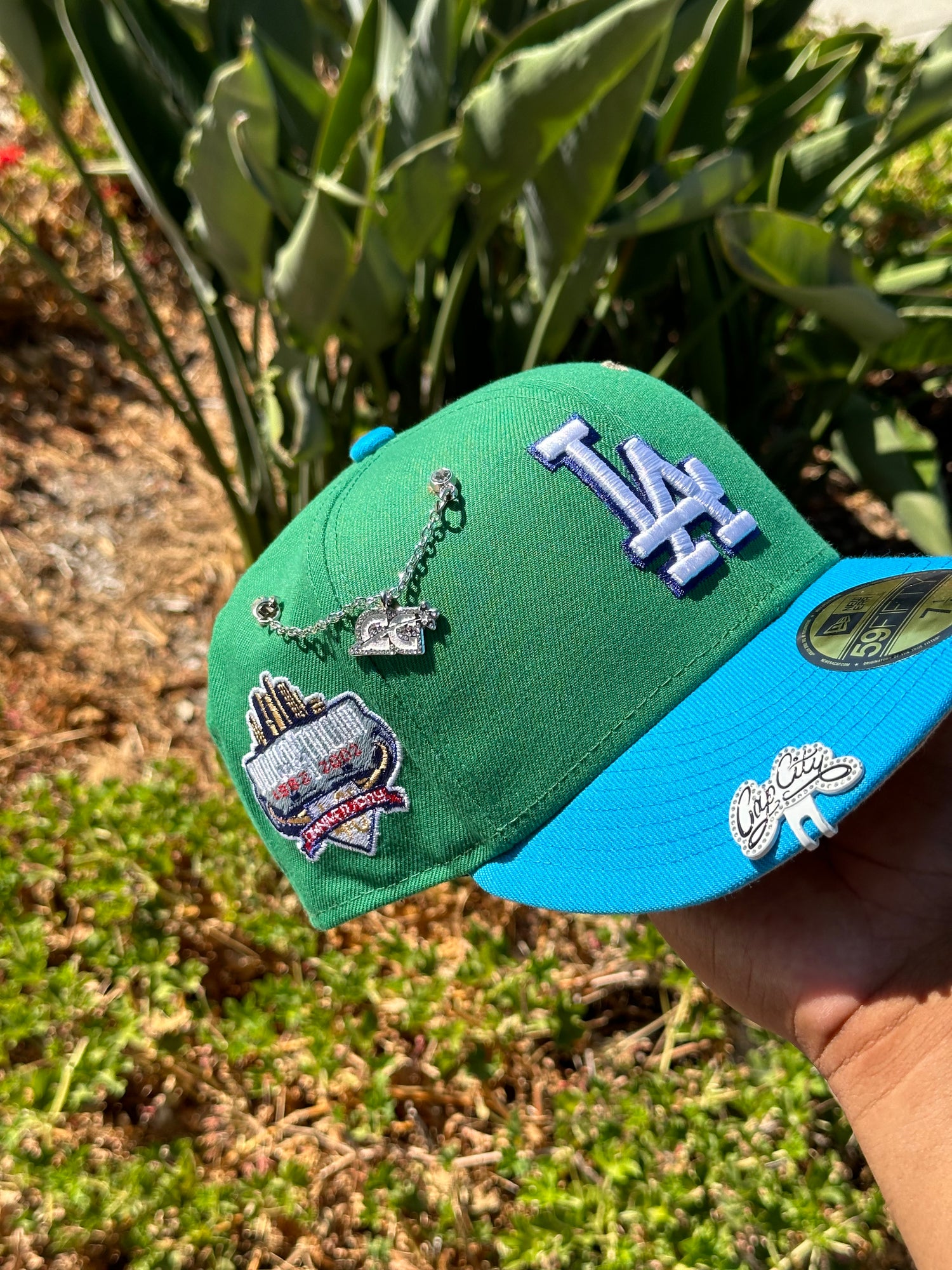 NEW ERA EXCLUSIVE 59FIFTY SEA GREEN/BLUE LOS ANGELES DODGERS W/ 40TH ANNIVERSARY SIDE PATCH