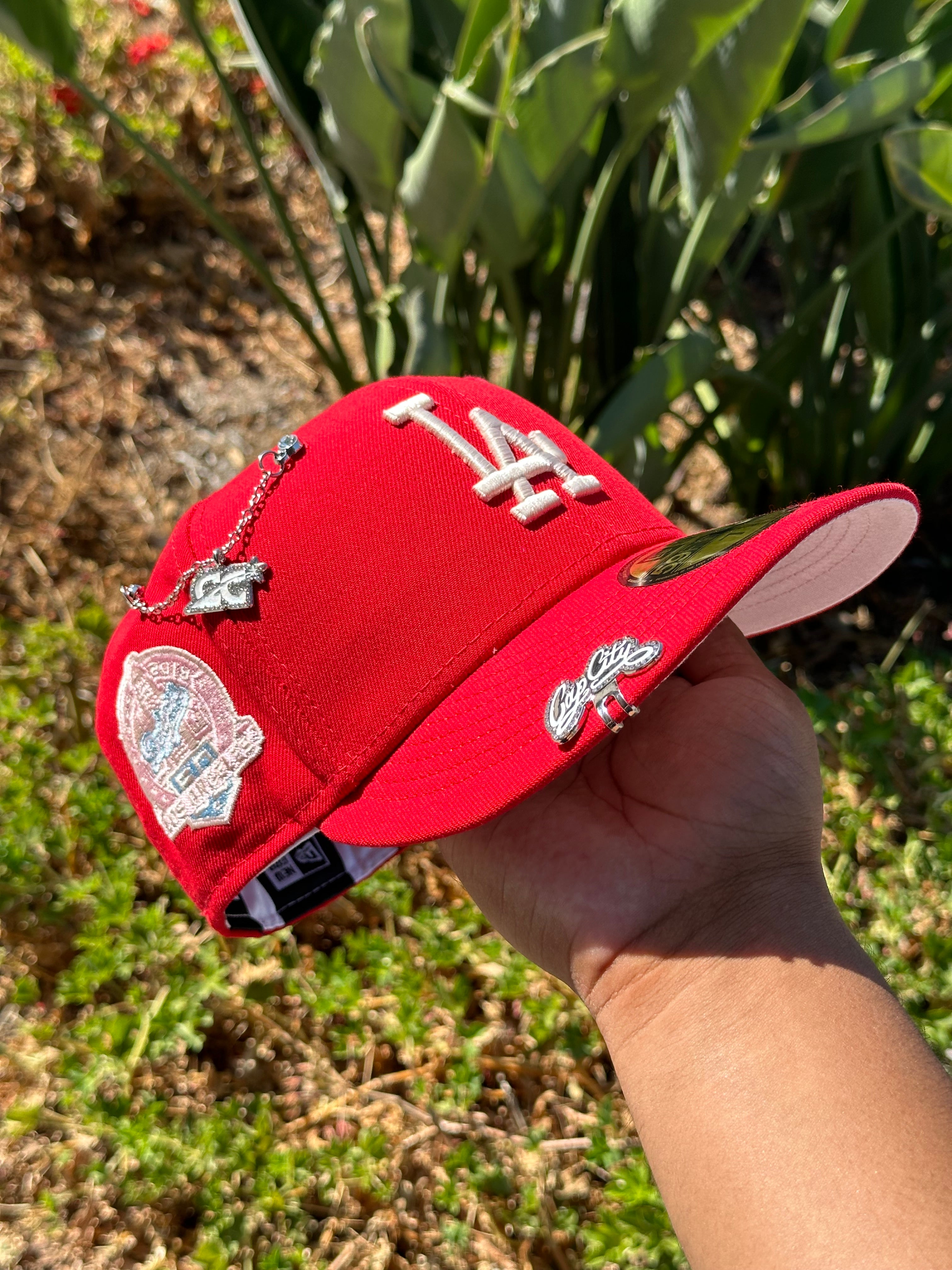 NEW ERA EXCLUSIVE 59FIFTY RED LOS ANGELES DODGERS W/ 60TH ANNIVERSARY SIDE PATCH