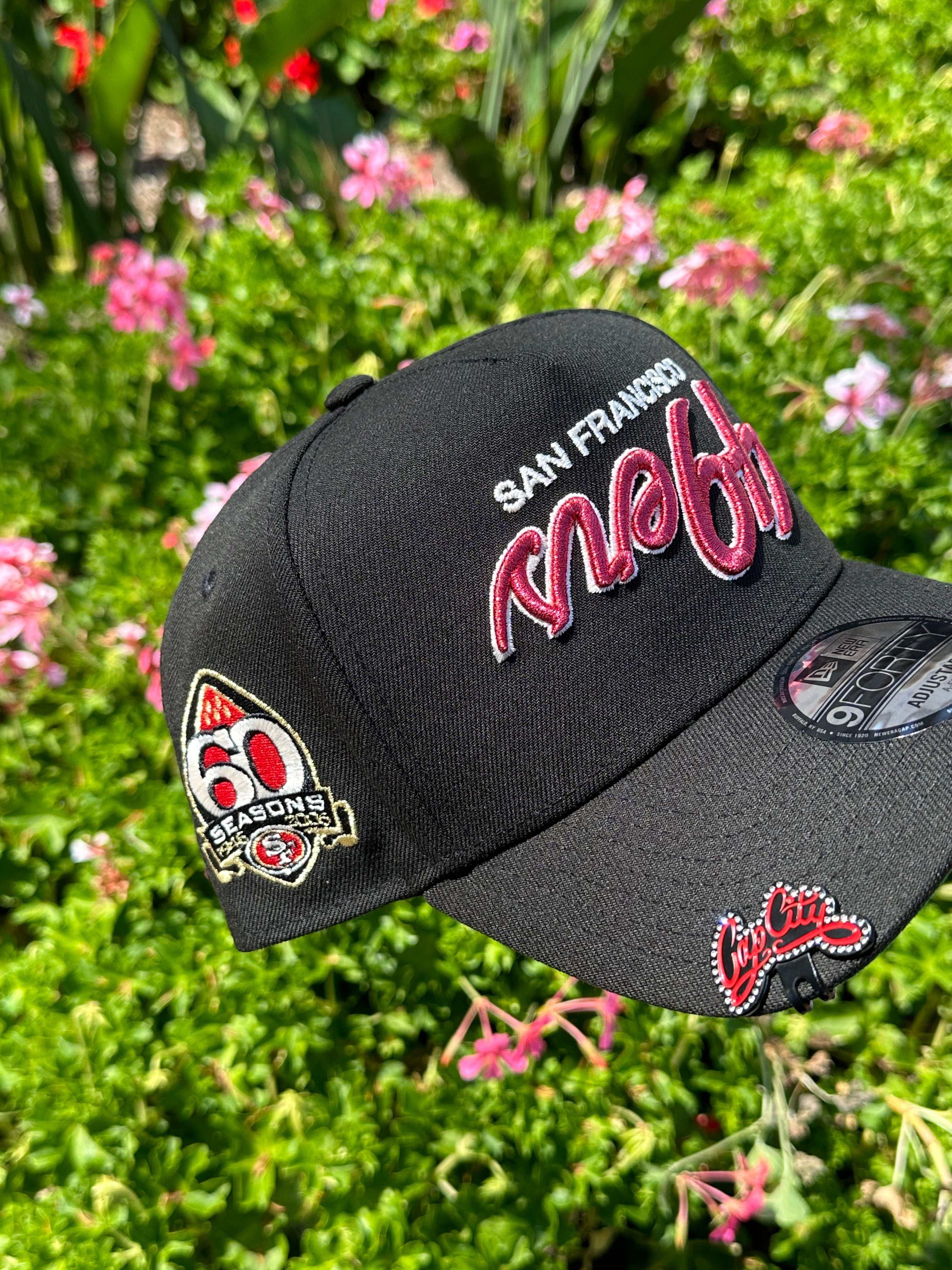 NEW ERA EXCLUSIVE 9FORTY A-FRAME BLACK UPSIDE DOWN SAN FRANSICO 49ERS ADJUSTABLE W/ 60TH ANNIVERSARY SIDE PATCH
