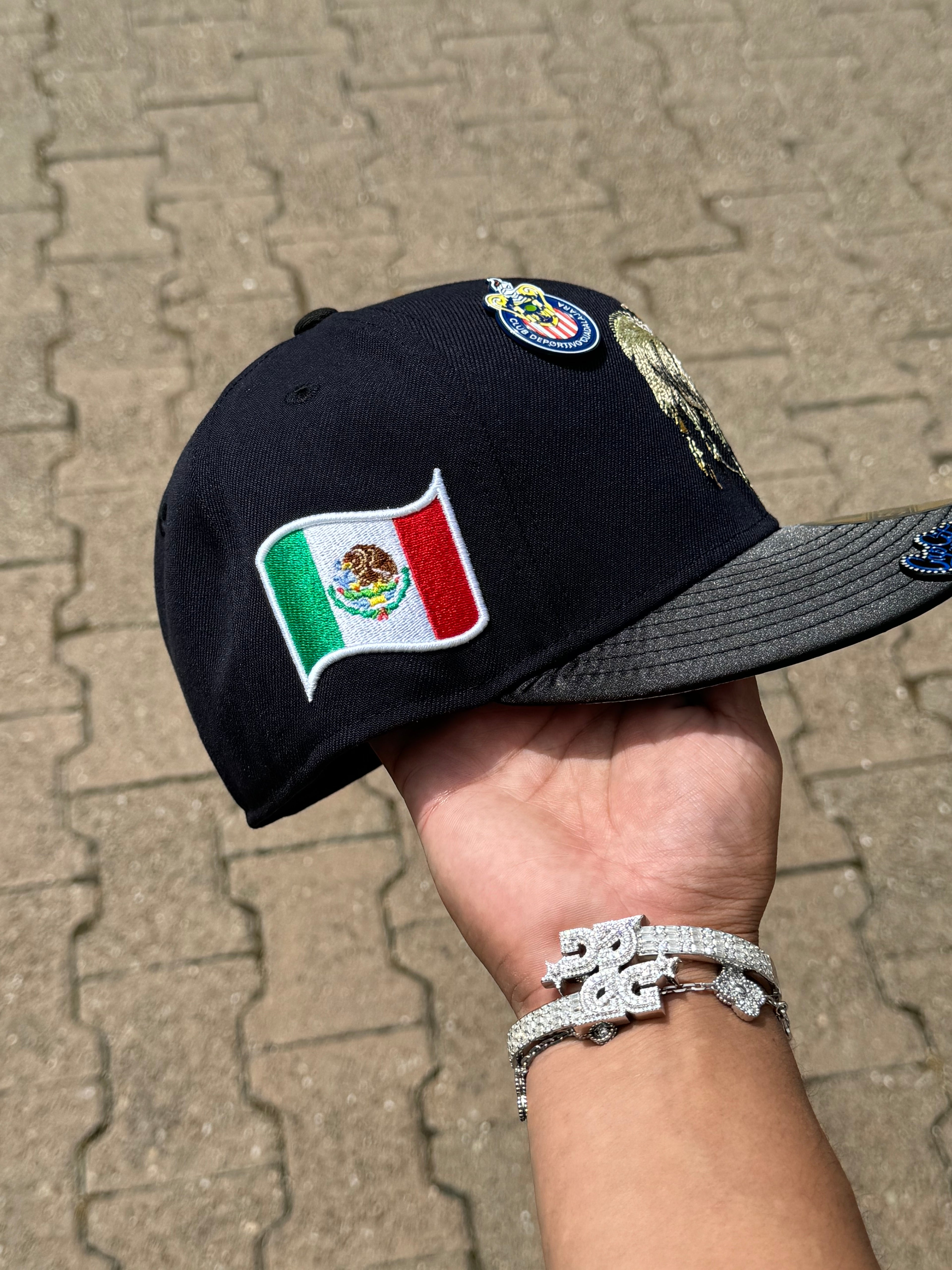 NEW ERA EXCLUSIVE 59FIFTY NAVY/SATIN MEXICO "THE GOAT" W/ MEXICO FLAG PATCH
