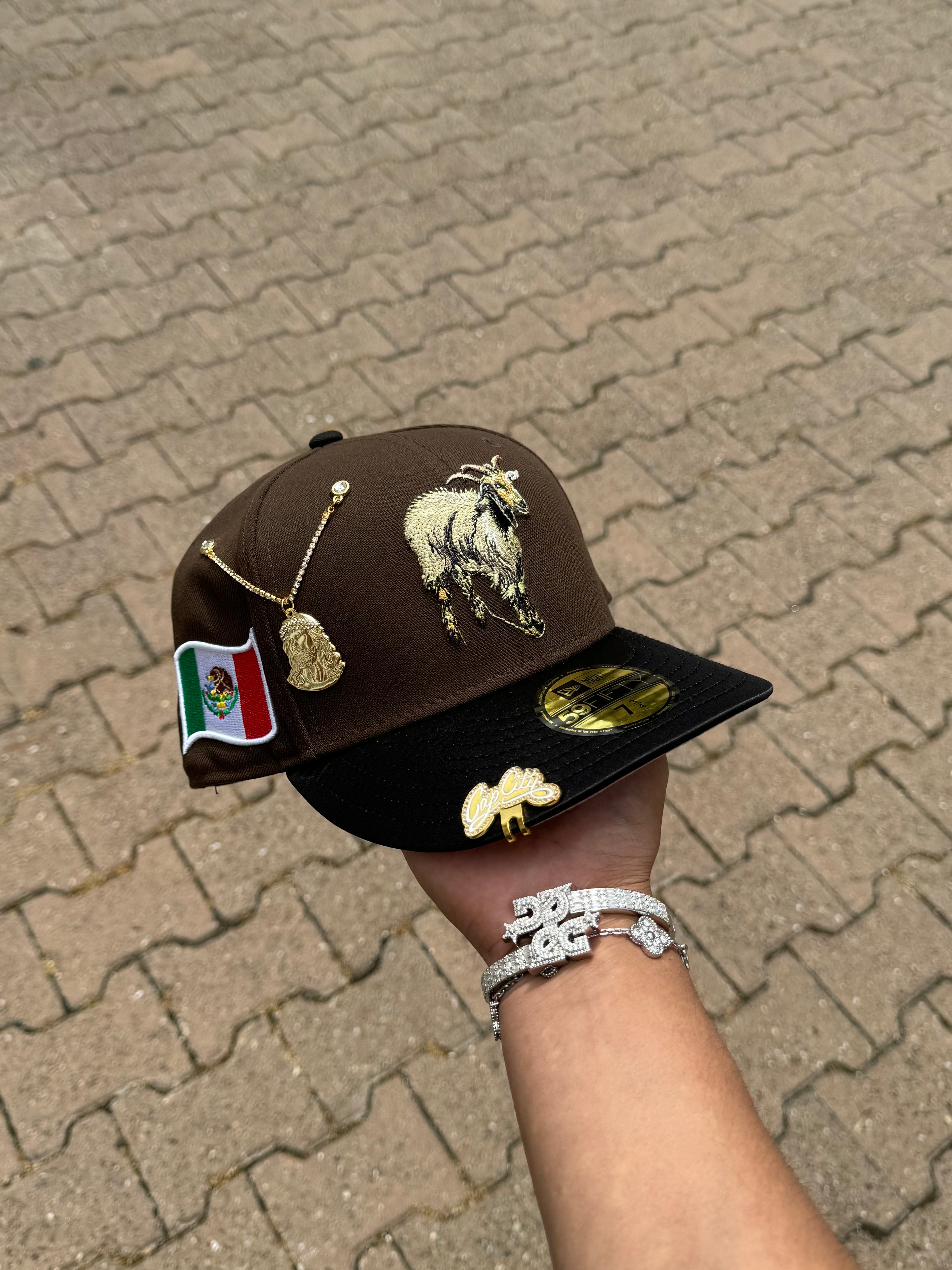 NEW ERA EXCLUSIVE 59FIFTY BROWN/SATIN MEXICO "THE GOAT" W/ MEXICO FLAG PATCH