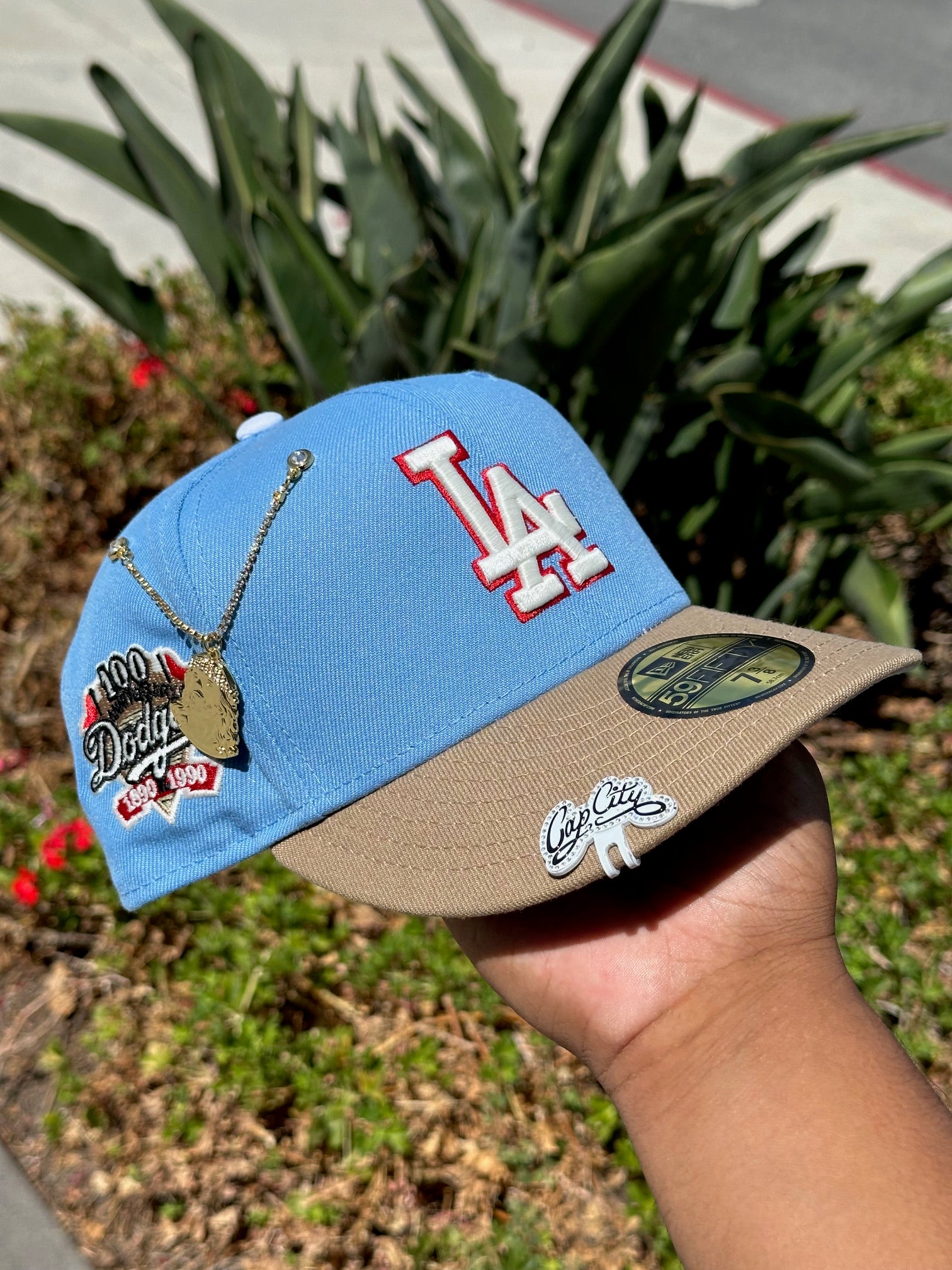 NEW ERA EXCLUSIVE 59FIFTY SKY BLUE/KHAKI LOS ANGELES DODGERS W/ 100TH ANNIVERSARY SIDE PATCH