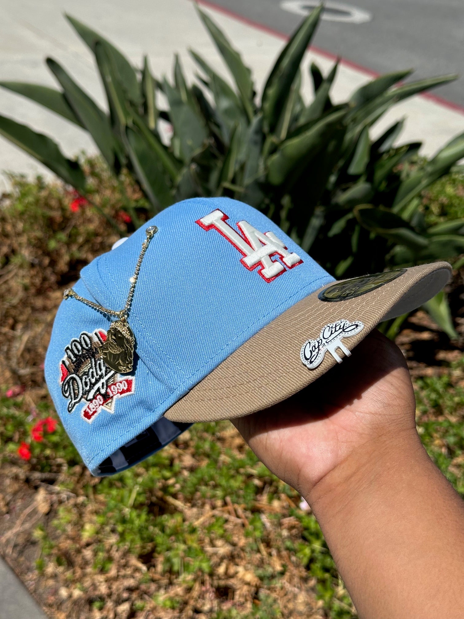 NEW ERA EXCLUSIVE 59FIFTY SKY BLUE/KHAKI LOS ANGELES DODGERS W/ 100TH ANNIVERSARY SIDE PATCH
