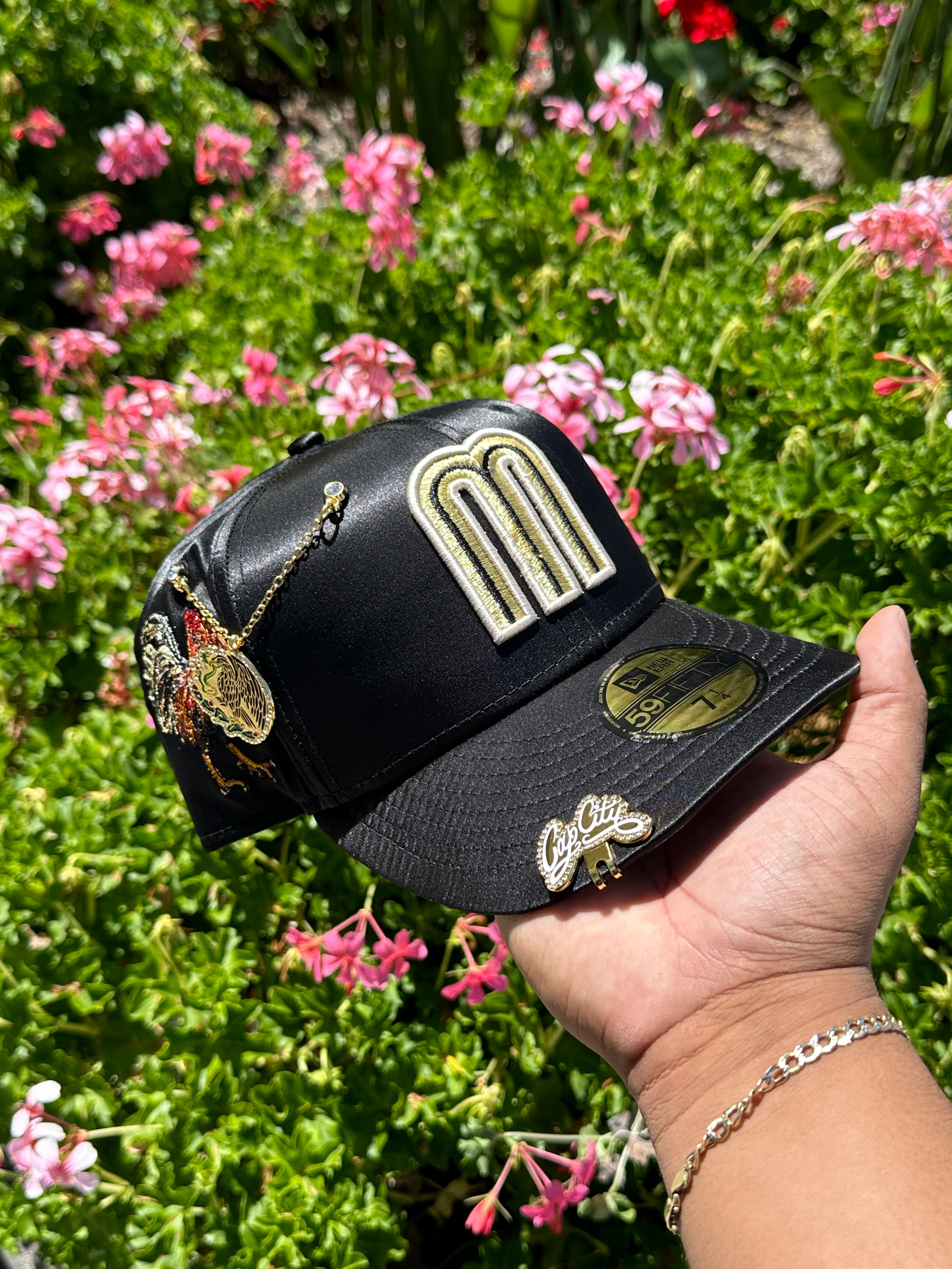 NEW ERA EXCLUSIVE 59FIFTY BLACK SATIN MEXICO W/ EL GALLO SIDEPATCH + MEXICO FLAG PATCH