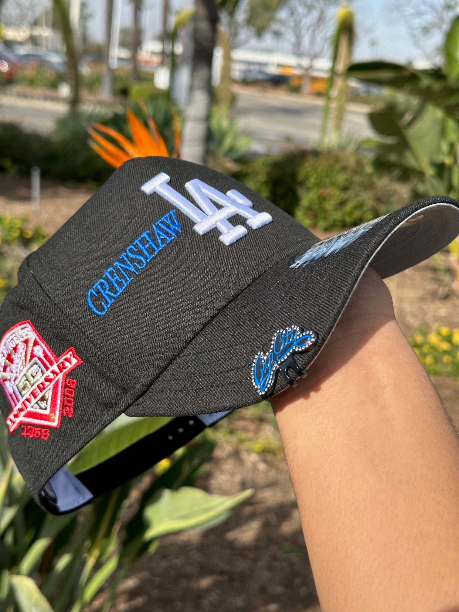 NEW ERA EXCLUSIVE 9FIFTY A-FRAME BLACK LOS ANGELES DODGERS SNAPBACK W/ "CRENSHAW" SCRIPT + 50TH ANNIVERSARY SIDE PATCH