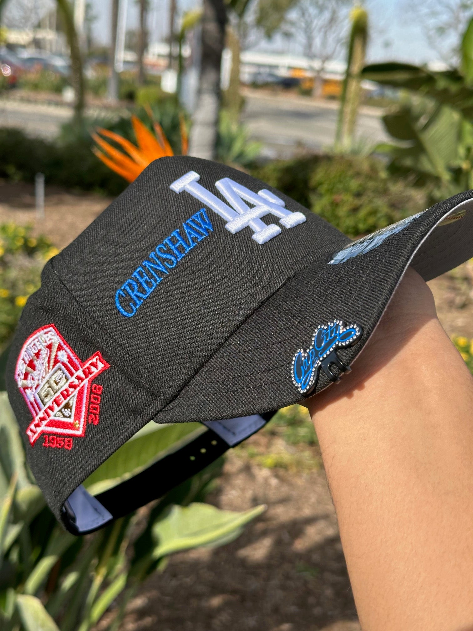 NEW ERA EXCLUSIVE 9FIFTY A-FRAME BLACK LOS ANGELES DODGERS SNAPBACK W/ "CRENSHAW" SCRIPT + 50TH ANNIVERSARY SIDE PATCH