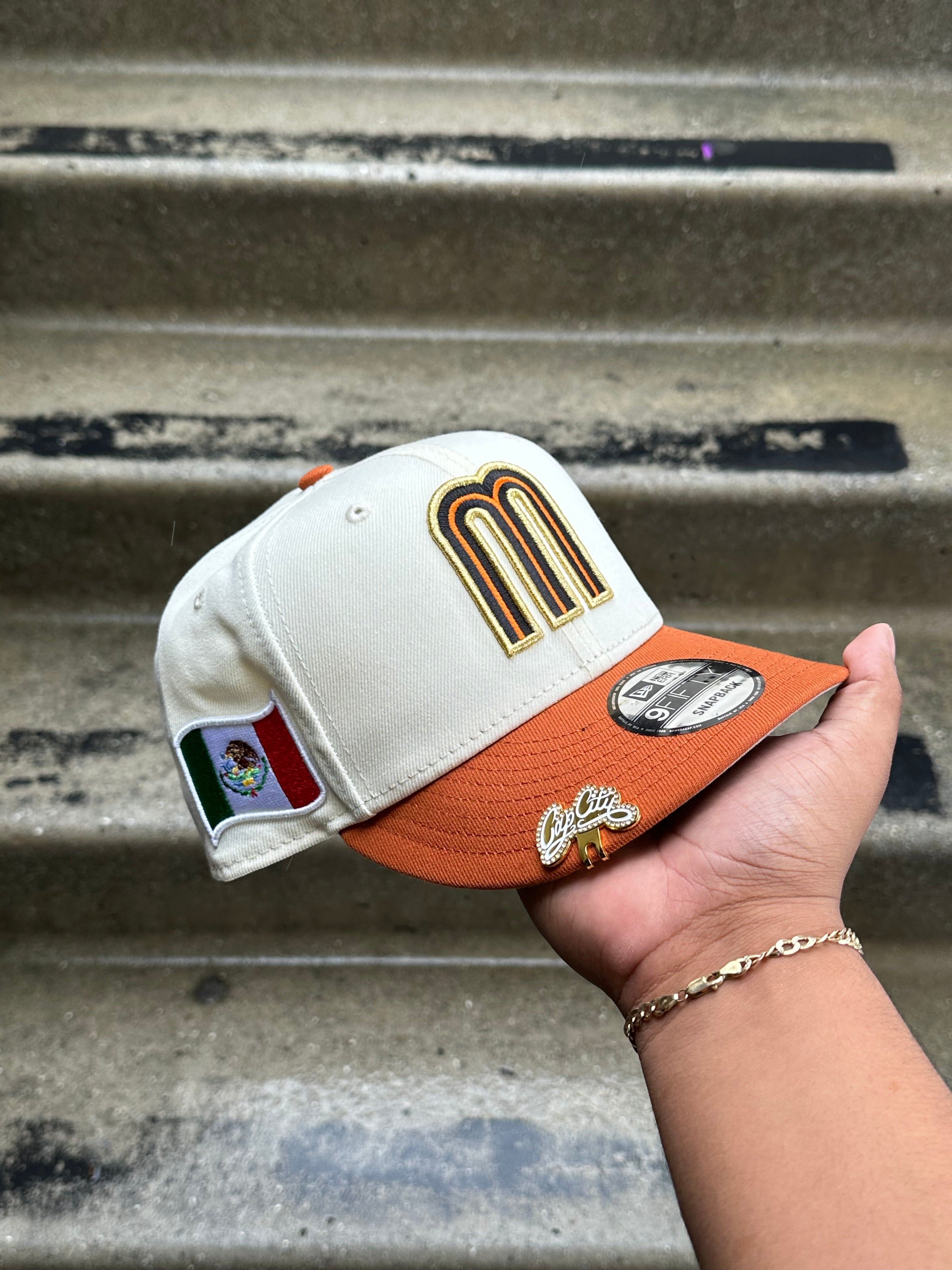 NEW ERA EXCLUSIVE 9FIFTY CHROME WHITE/RUST ORANGE SNAPBACK W/ MEXICO FLAG SIDE PATCH