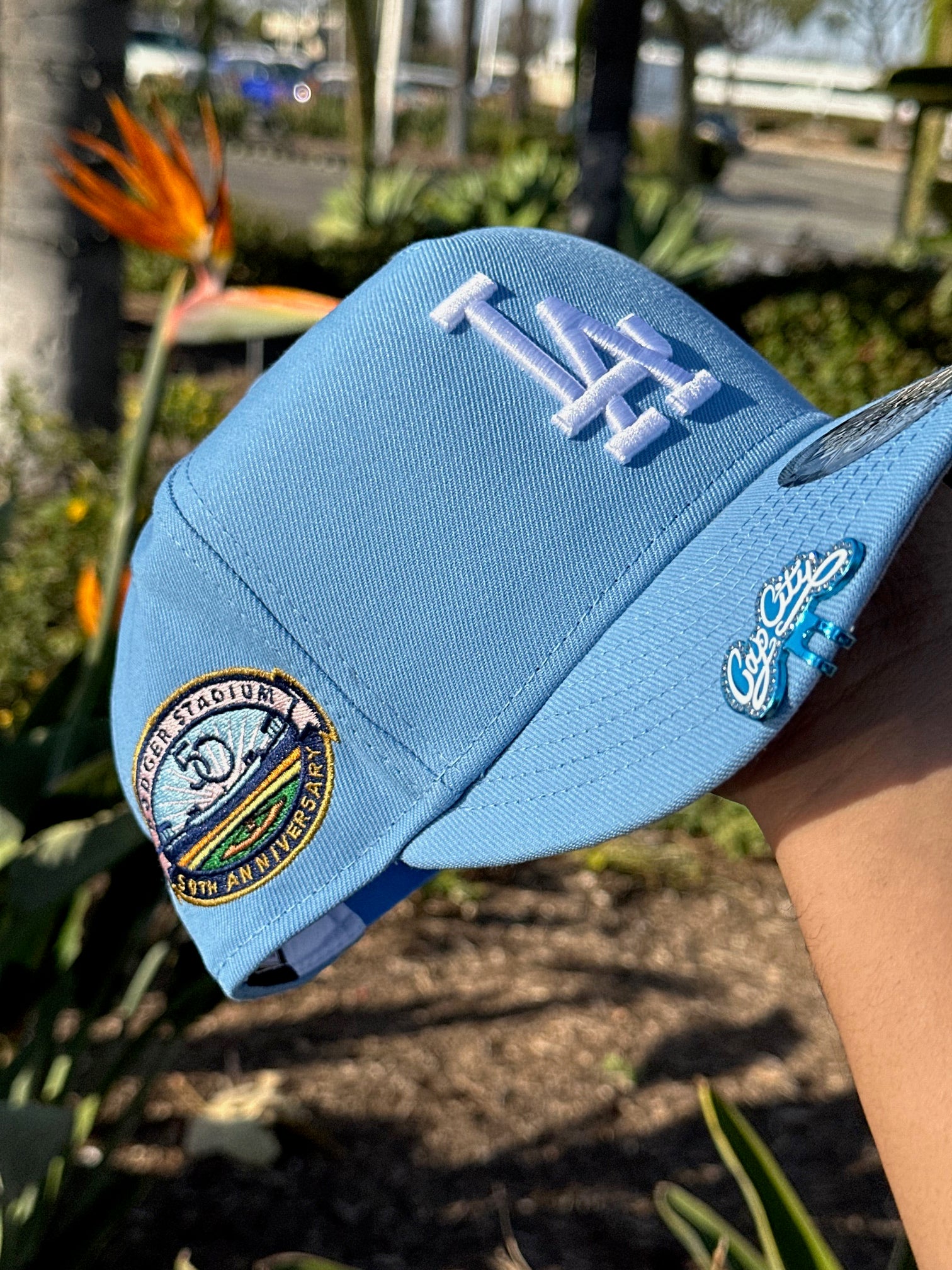 NEW ERA EXCLUSIVE 9FIFTY A-FRAME ICY BLUE LOS ANGELES DODGERS SNAPBACK W/ 50TH ANNIVERSARY SIDE PATCH
