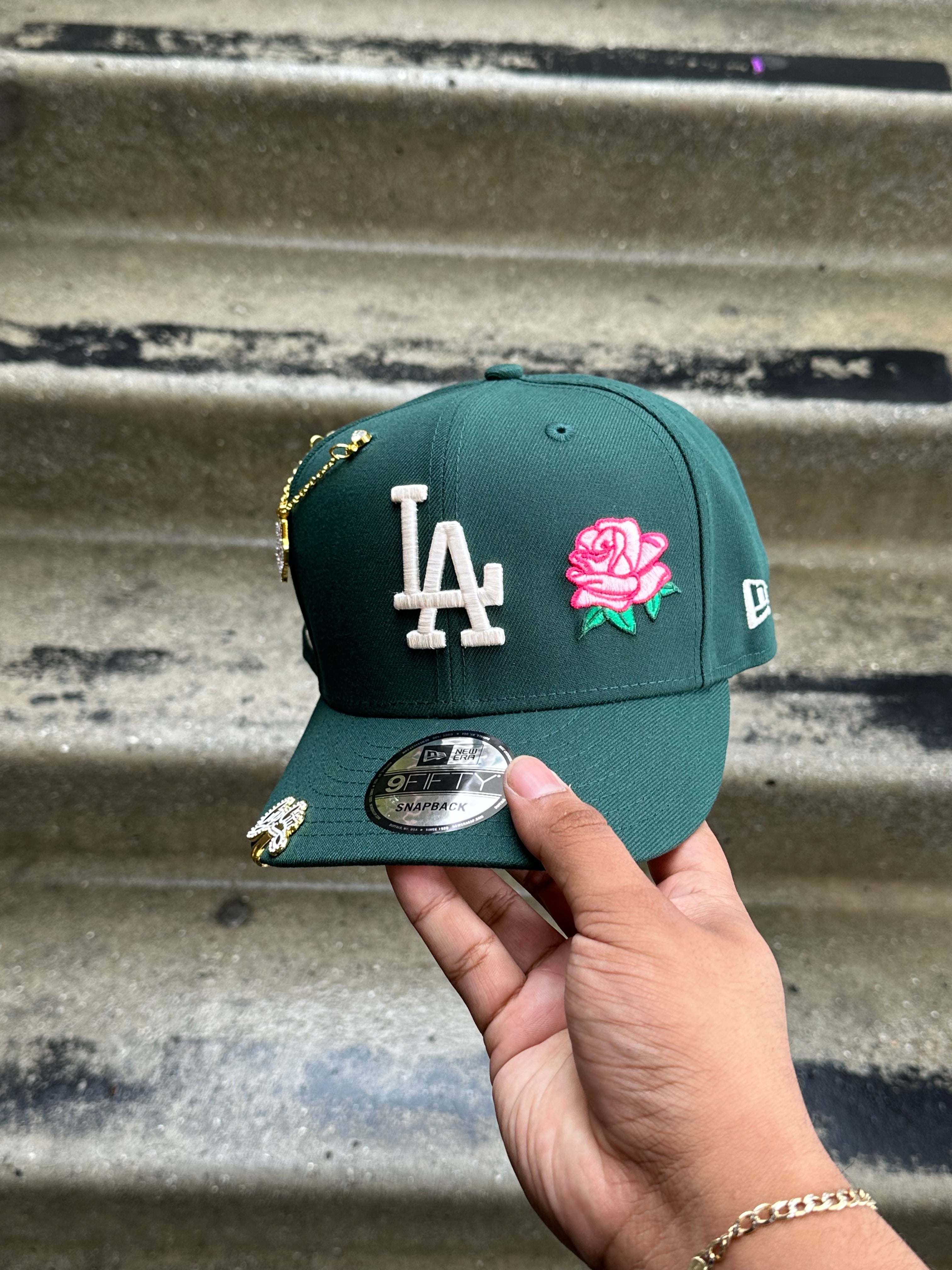 NEW ERA EXCLUSIVE 9FIFTY FOREST GREEN LOS ANGELES DODGERS SNAPBACK W/ ROSE W/ 2020 WORLD SERIES PATCH