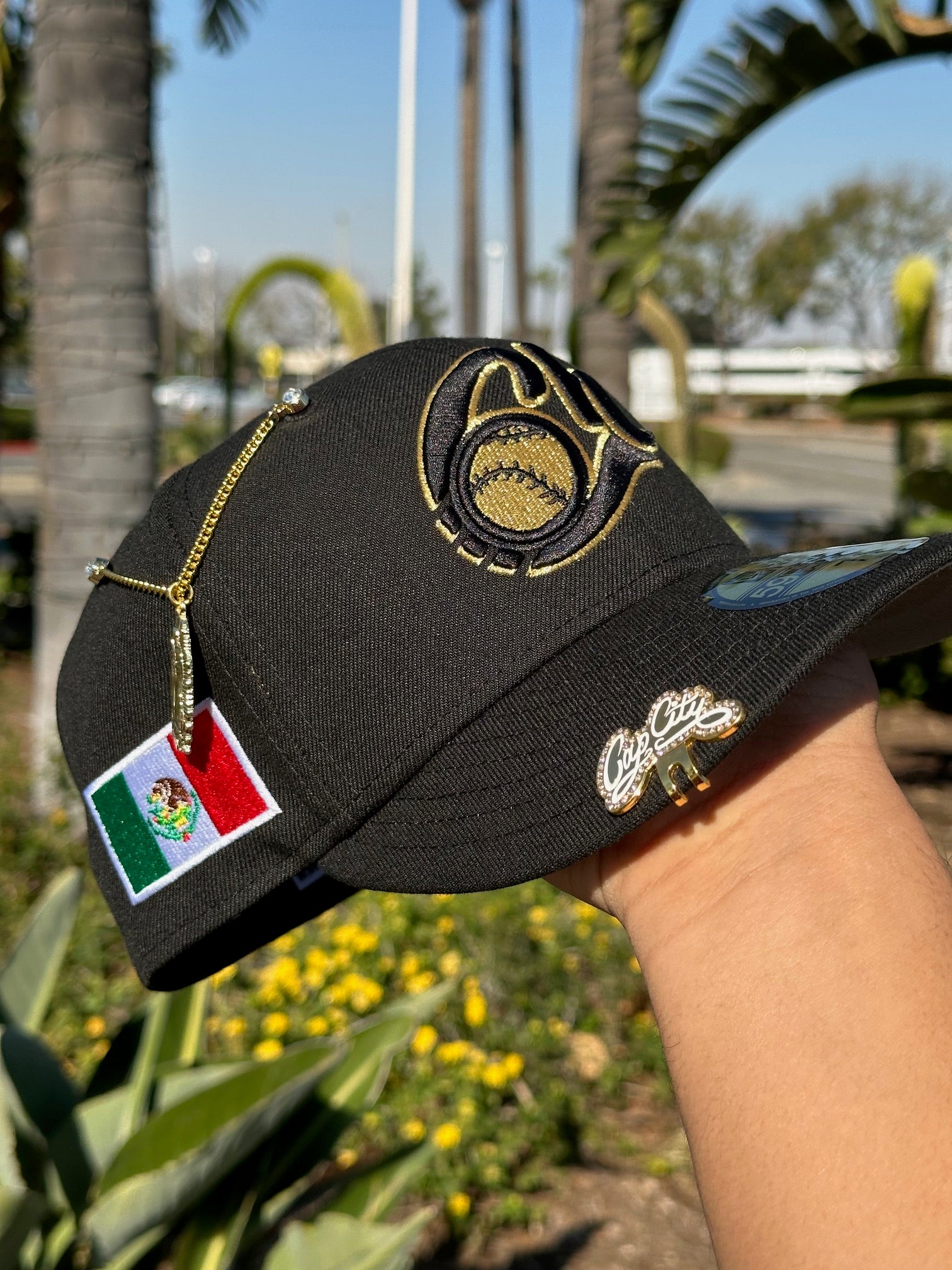 NEW ERA EXCLUSIVE 59FIFTY BLACK CHARROS DE JALISCO W/ MEXICO FLAG SIDE PATCH