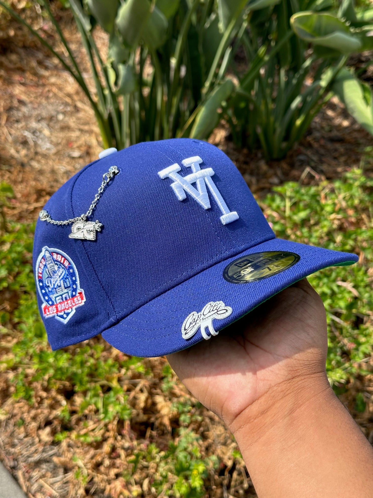 NEW ERA EXCLUSIVE 59FIFTY BLUE UPSIDE DOWN LOS ANGELES DODGERS W/ 60TH ANNIVERSARY SIDE PATCH