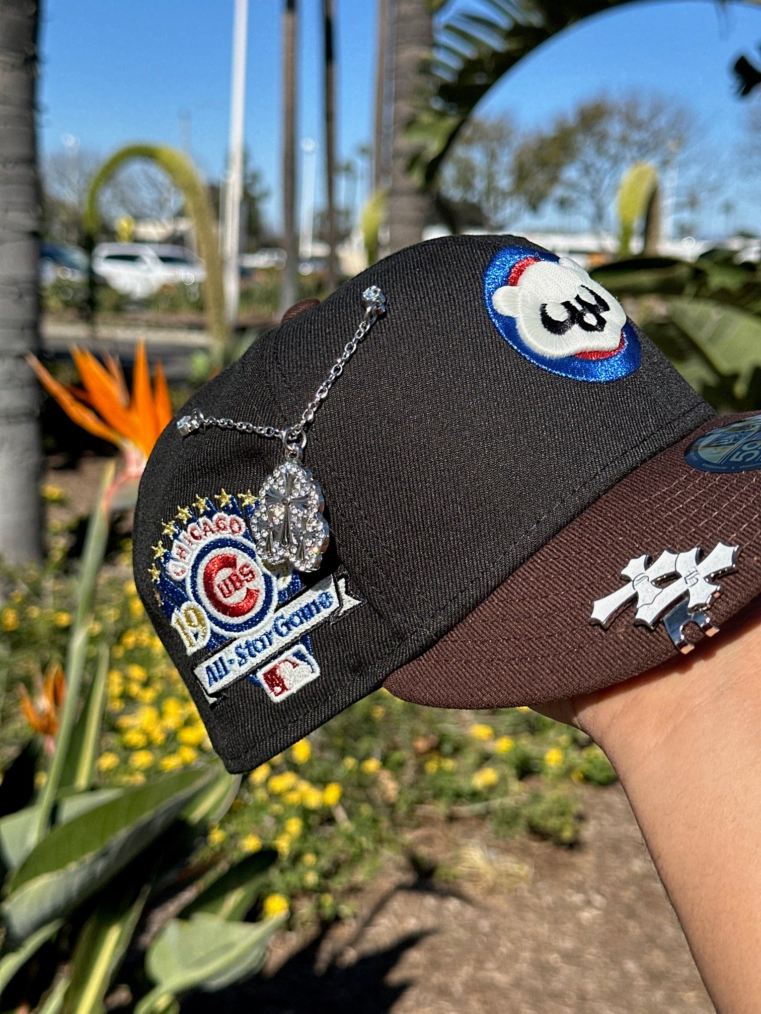 NEW ERA EXCLUSIVE 59FIFTY BLACK/BROWN CHICAGO CUBS W/ 1990 ALL STAR GAME PATCH