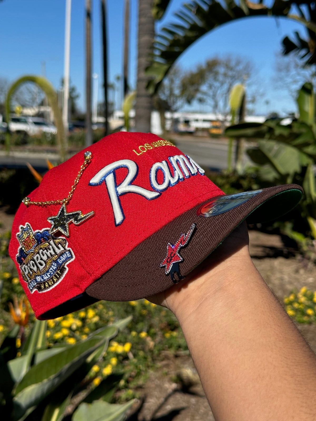 NEW ERA EXCLUSIVE 59FIFTY RED/WALNUT LOS ANGELES RAMS SCRIPT W/ PROBOW