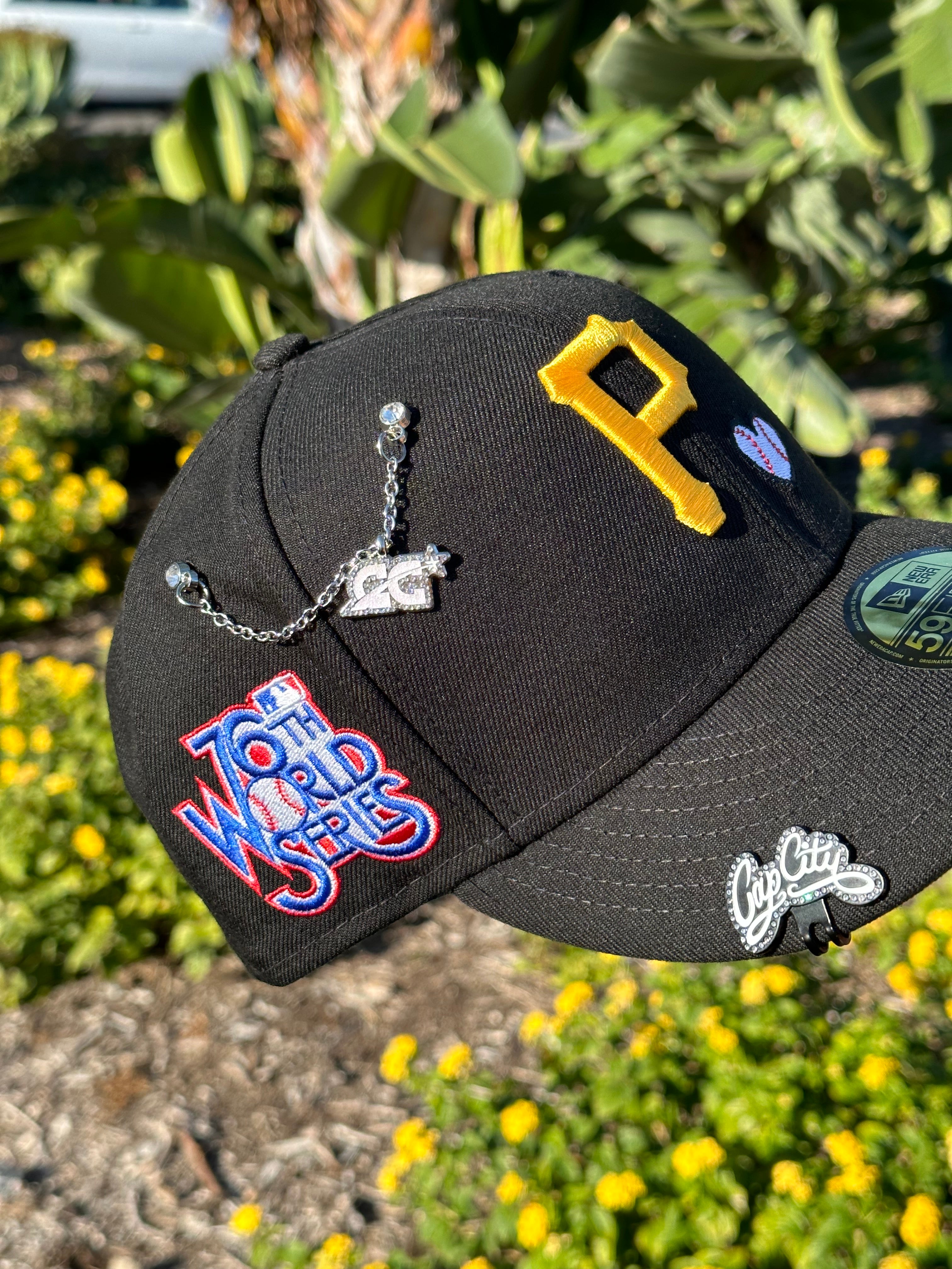 NEW ERA EXCLUSIVE 59FIFTY BLACK PITTSBURGH PIRATES LOVE & HUSTLE W/ 76TH WORLD SERIES PATCH