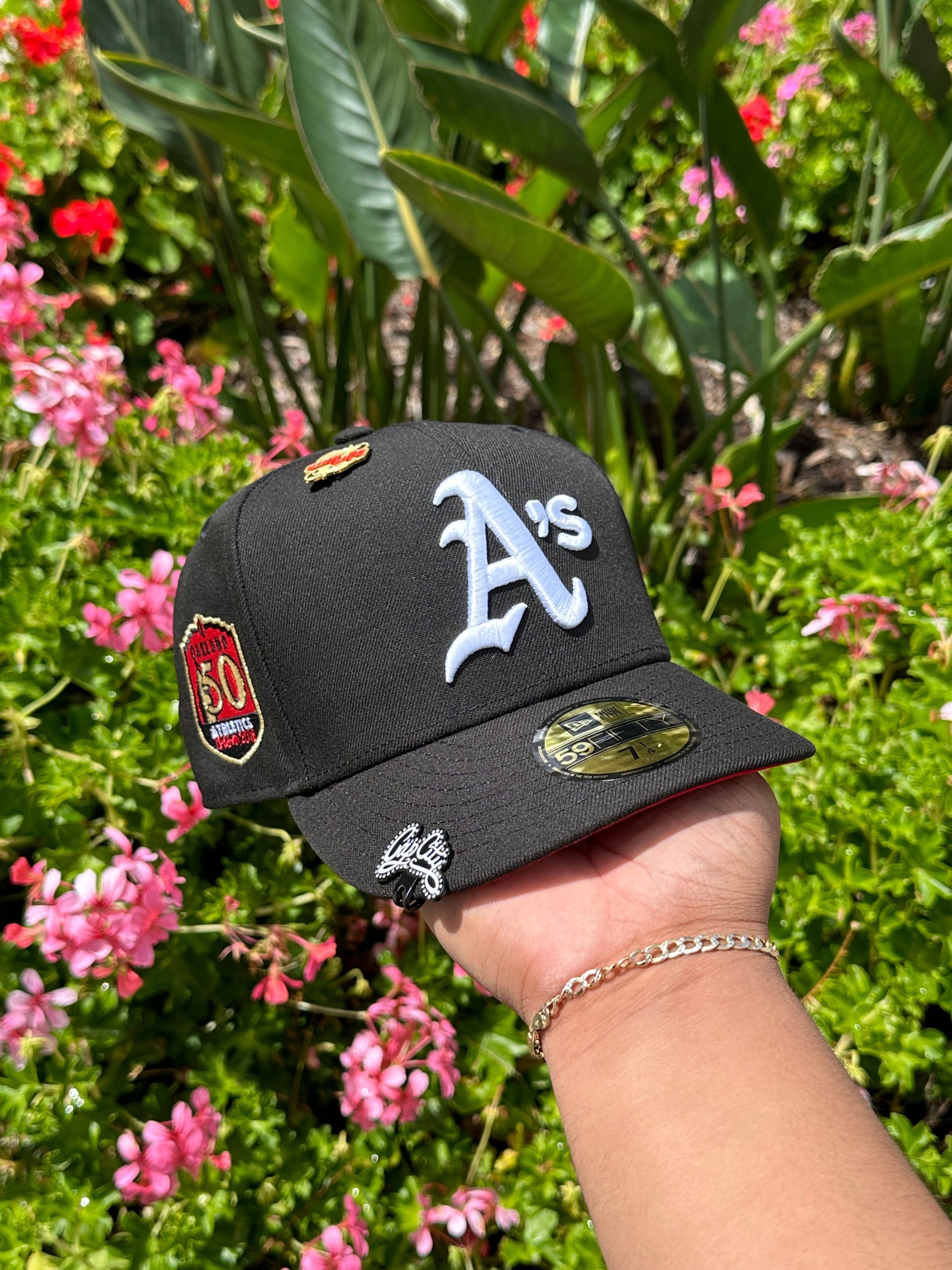 NEW ERA EXCLUSIVE 59FIFTY BLACK OAKLAND ATHLETICS W/ 50TH ANNIVERSARY PATCH