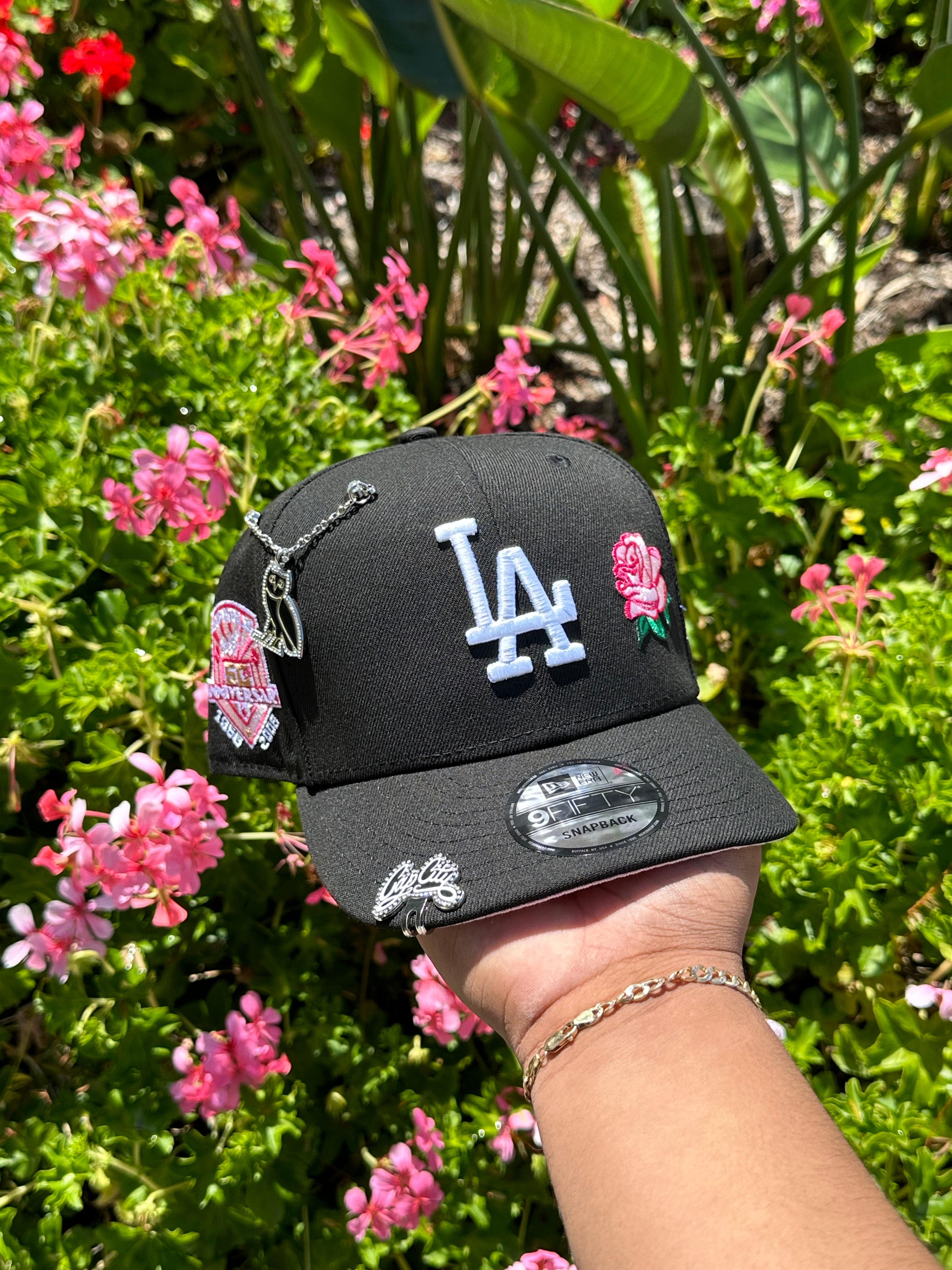 NEW ERA EXCLUSIVE 9FIFTY BLACK LOS ANGELES DODGERS SNAPBACK W/ PINK ROSE + 50TH ANNIVERSARY PATCH