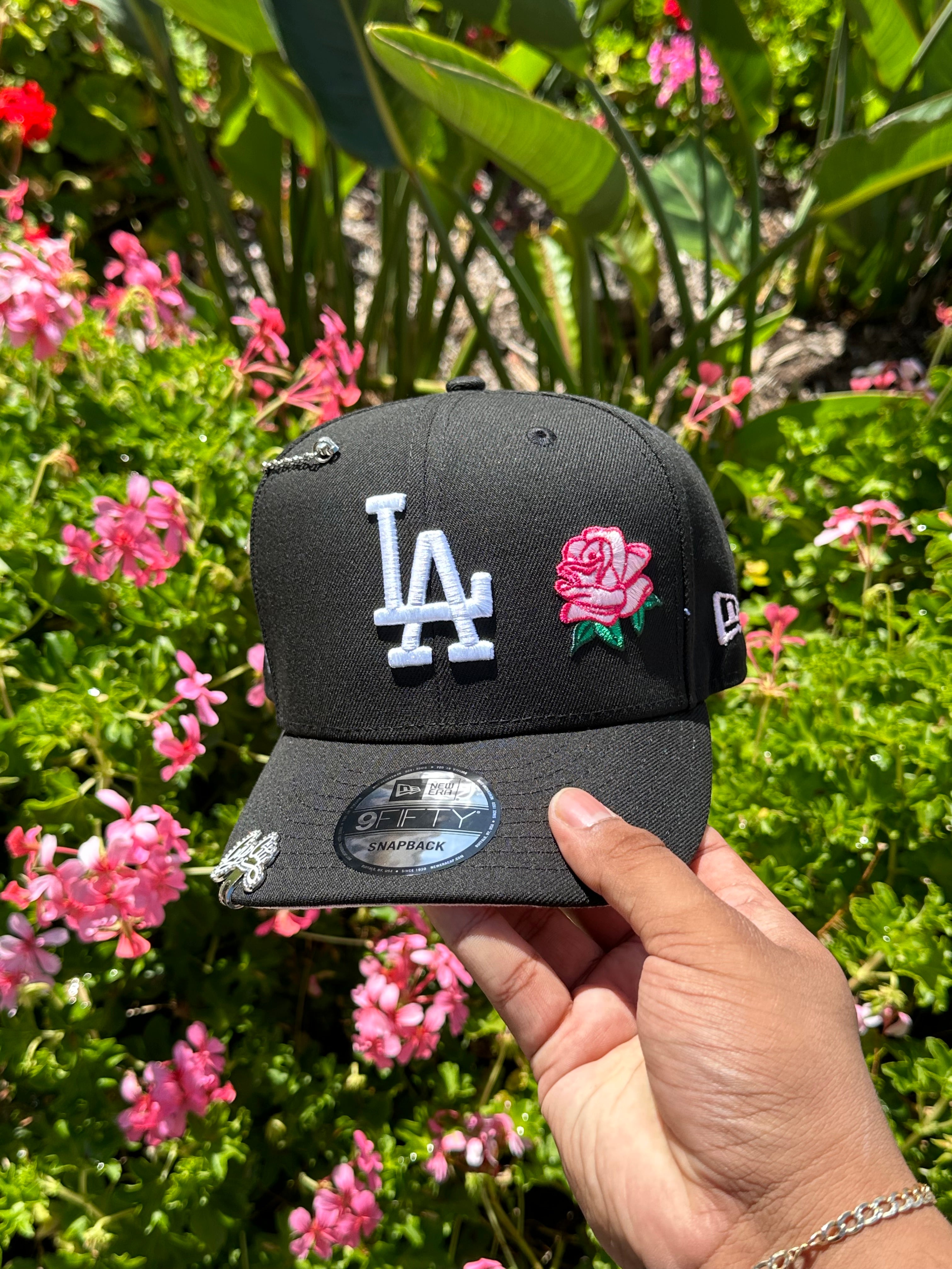 NEW ERA EXCLUSIVE 9FIFTY BLACK LOS ANGELES DODGERS SNAPBACK W/ PINK ROSE + 50TH ANNIVERSARY PATCH