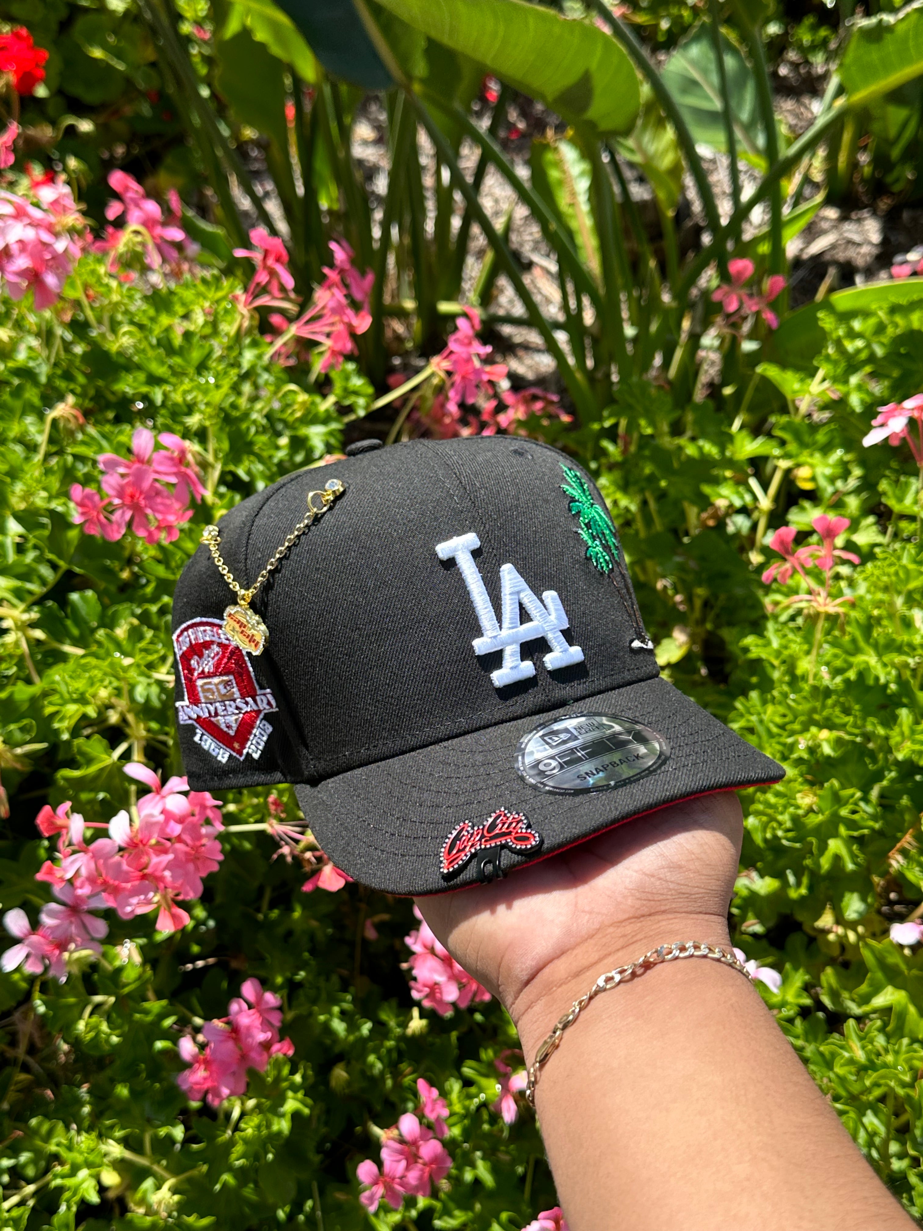 NEW ERA EXCLUSIVE 9FIFTY BLACK LOS ANGELES DODGERS SNAPBACK W/ PALM TREE + 50TH ANNIVERSARY PATCH