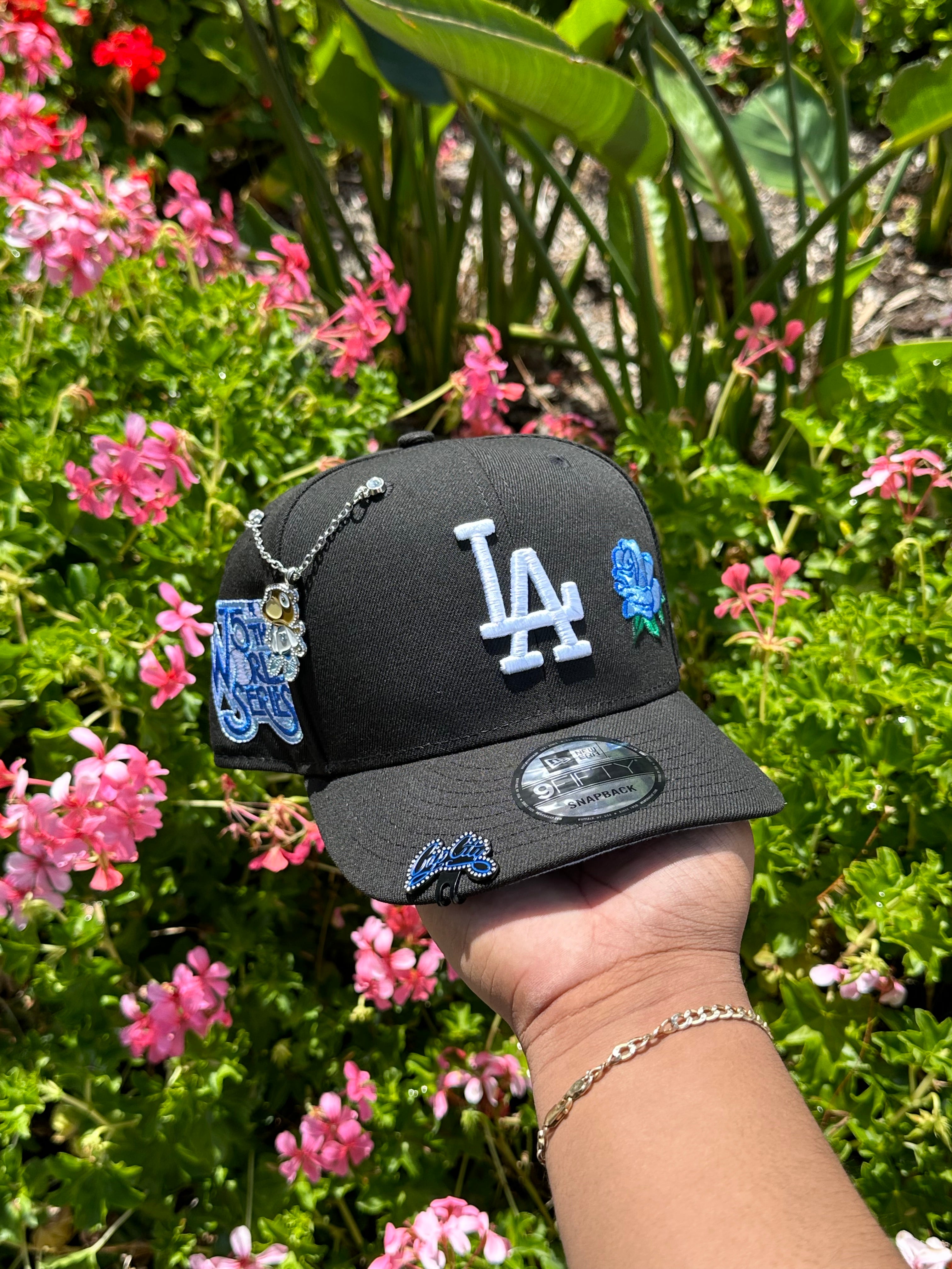 NEW ERA EXCLUSIVE 9FIFTY BLACK LOS ANGELES DODGERS SNAPBACK W/ BLUE ROSE + 75TH WORLD SERIES PATCH