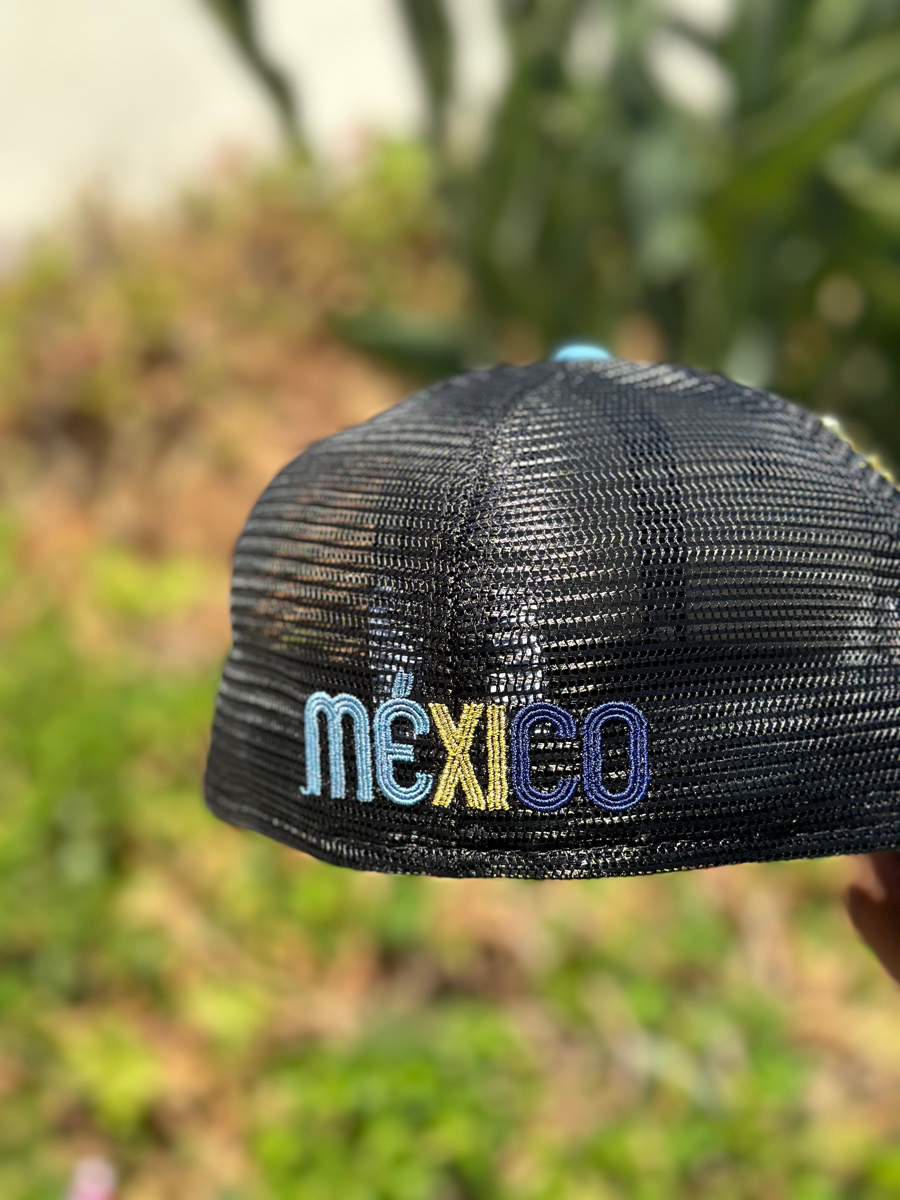 NEW ERA EXCLUSIVE 59FIFTY BLACK SATIN/BLUE MEXICO MESH BACK W/ MEXICO