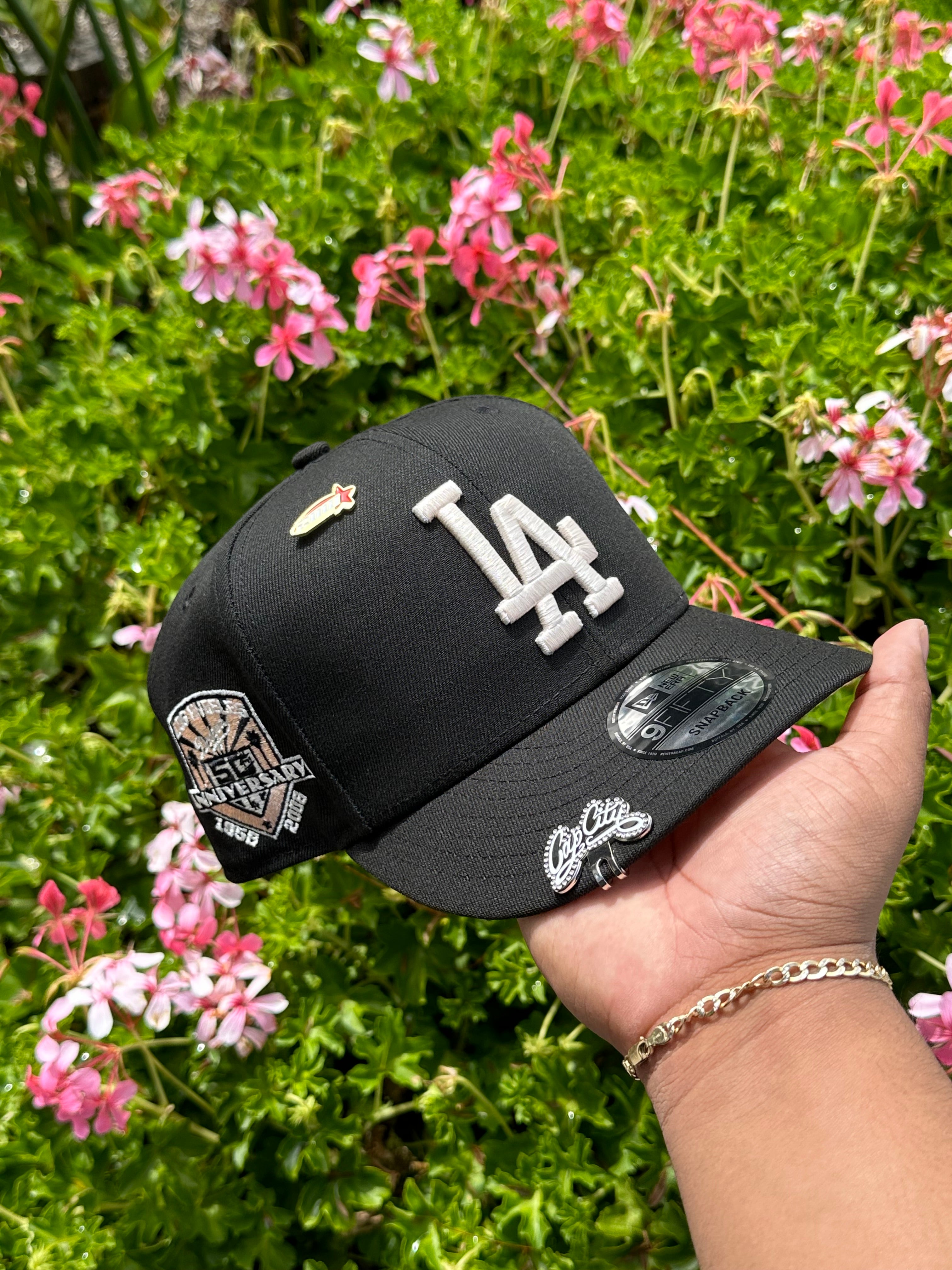 NEW ERA EXCLUSIVE 9FIFTY BLACK LOS ANGELES DODGERS SNAPBACK W/ 50TH ANNIVERSARY PATCH