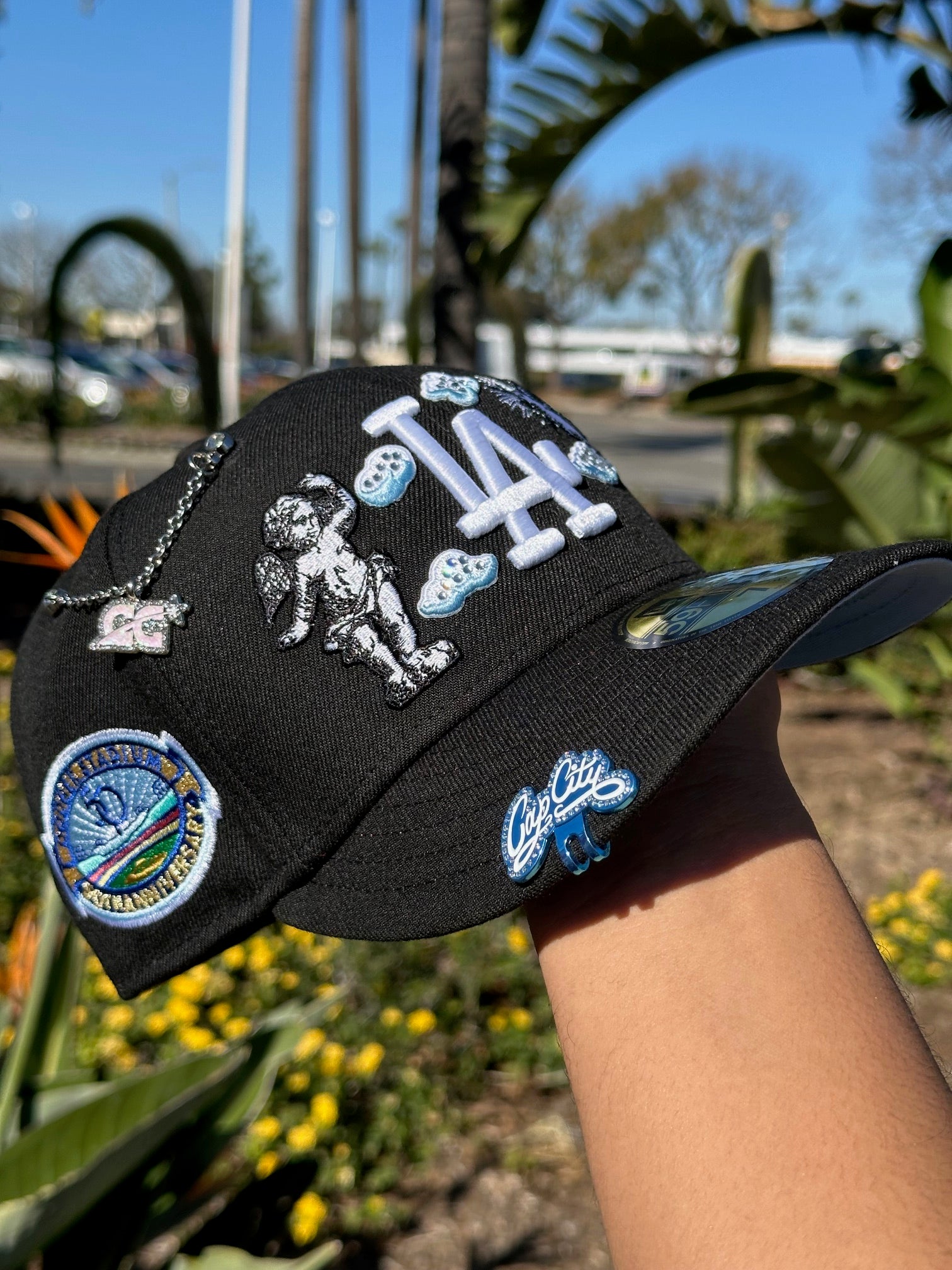 NEW ERA EXCLUSIVE 59FIFTY BLACK LOS ANGELES DODGERS "HEAVENLY CITY" W/ 50TH ANNIVERSARY SIDE PATCH *FREE BLIP INCLUDED